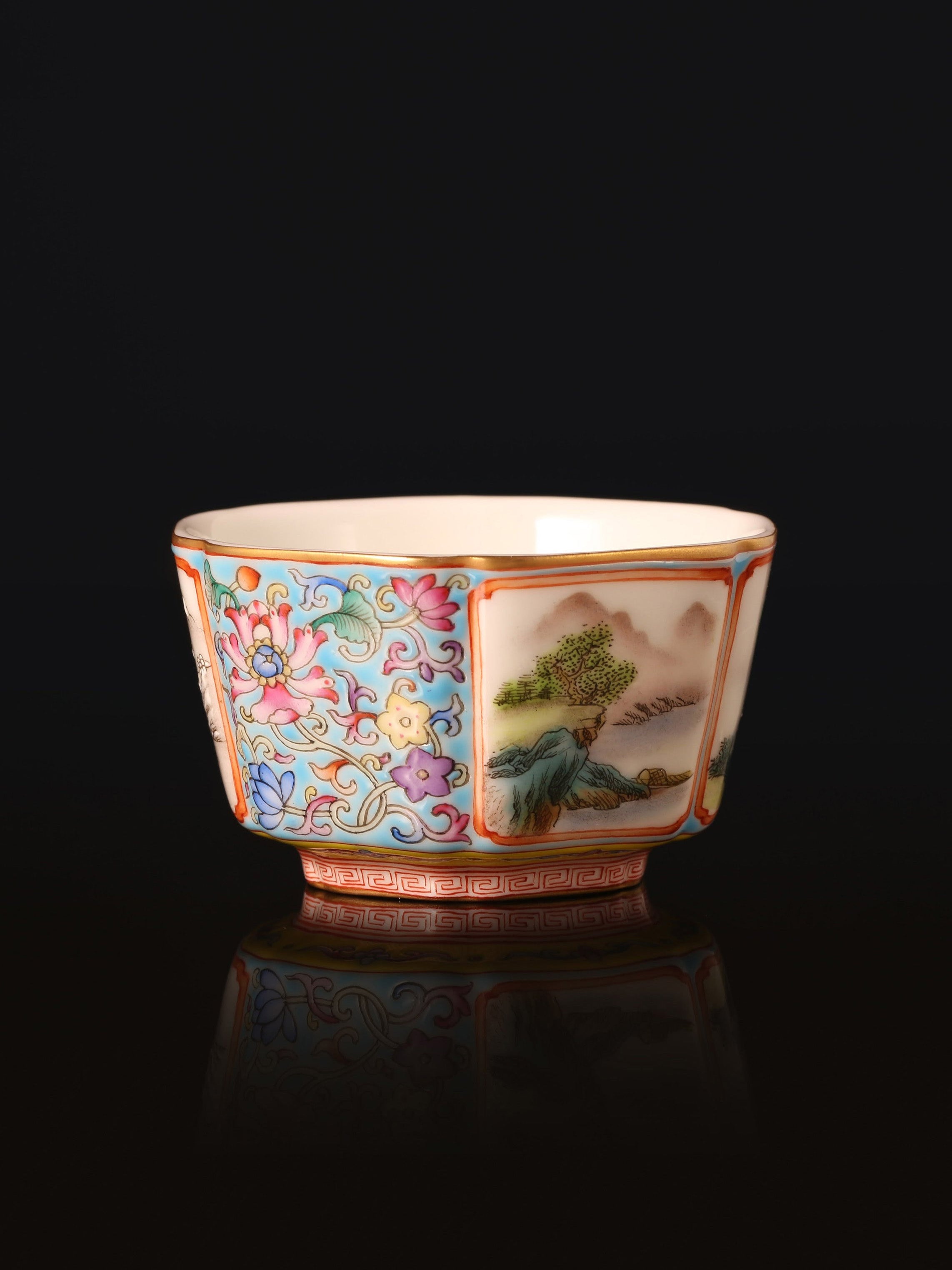 Enamel Hexagonal Cup with Open-Window Landscape