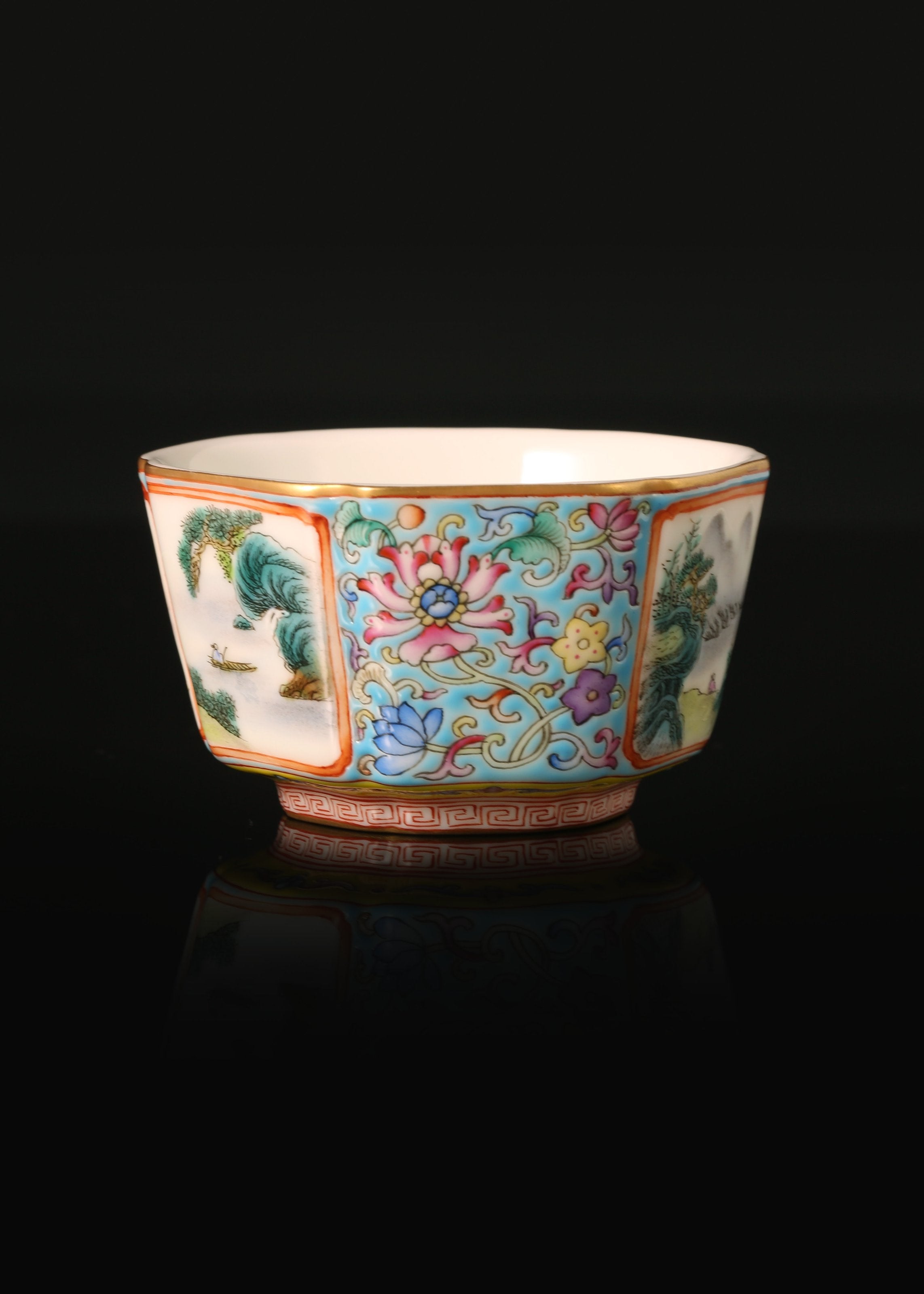 Enamel Hexagonal Cup with Open-Window Landscape