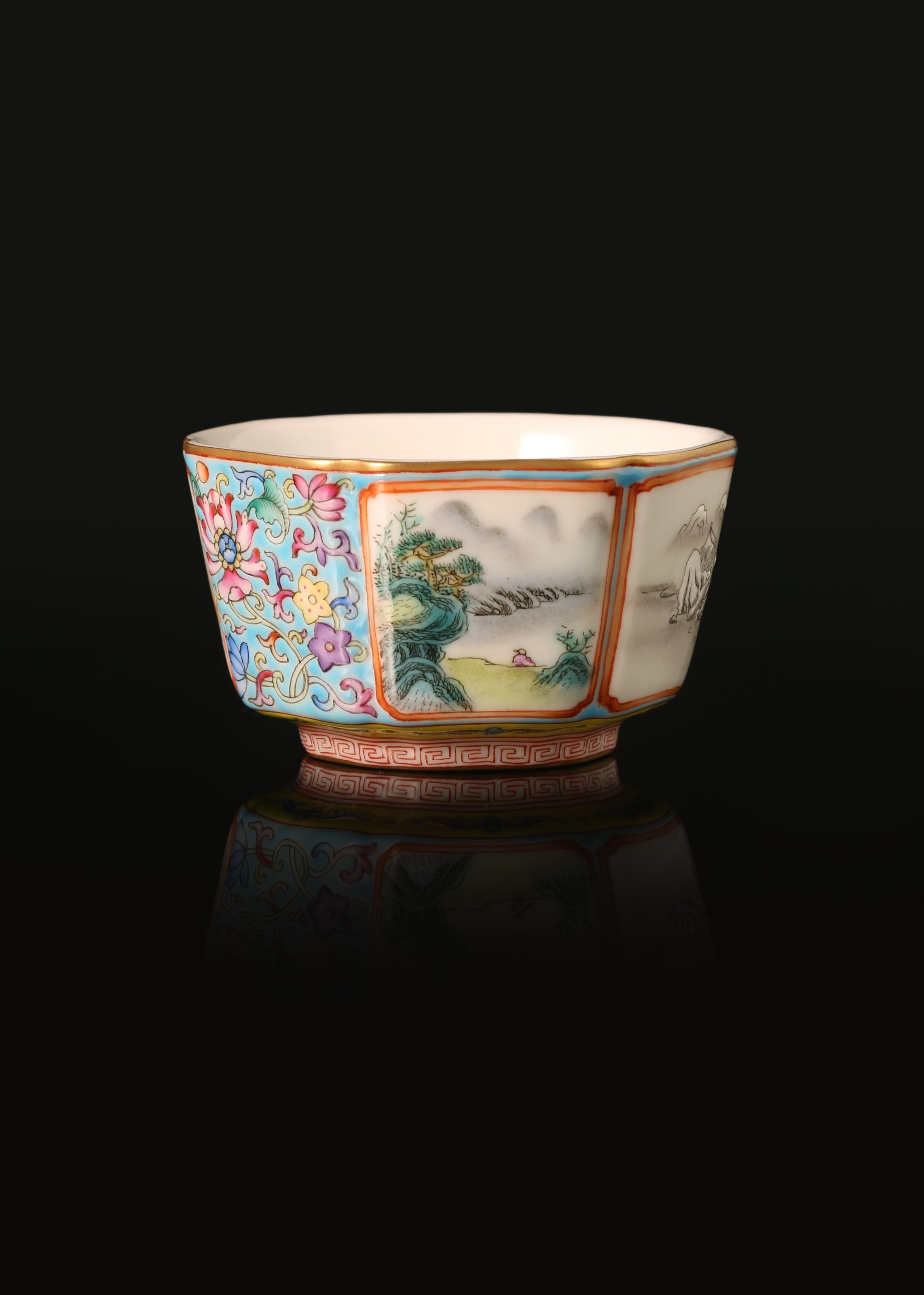 Enamel Hexagonal Cup with Open-Window Landscape