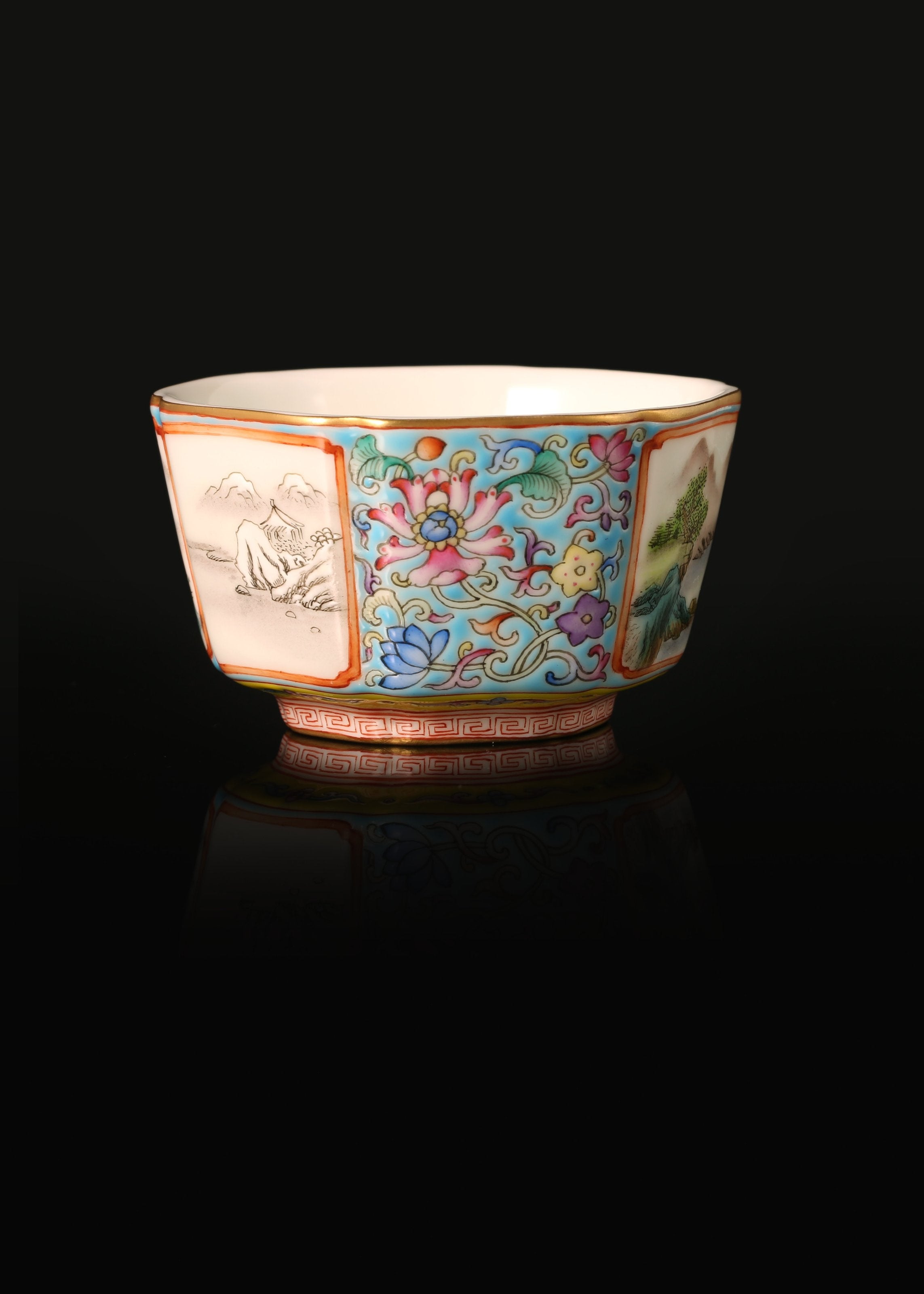 Enamel Hexagonal Cup with Open-Window Landscape