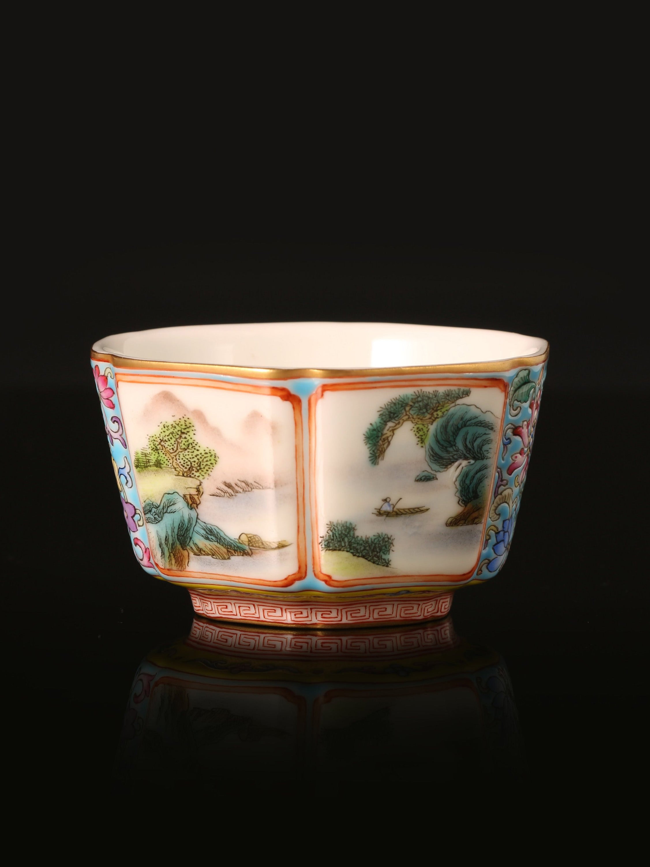 Enamel Hexagonal Cup with Open-Window Landscape