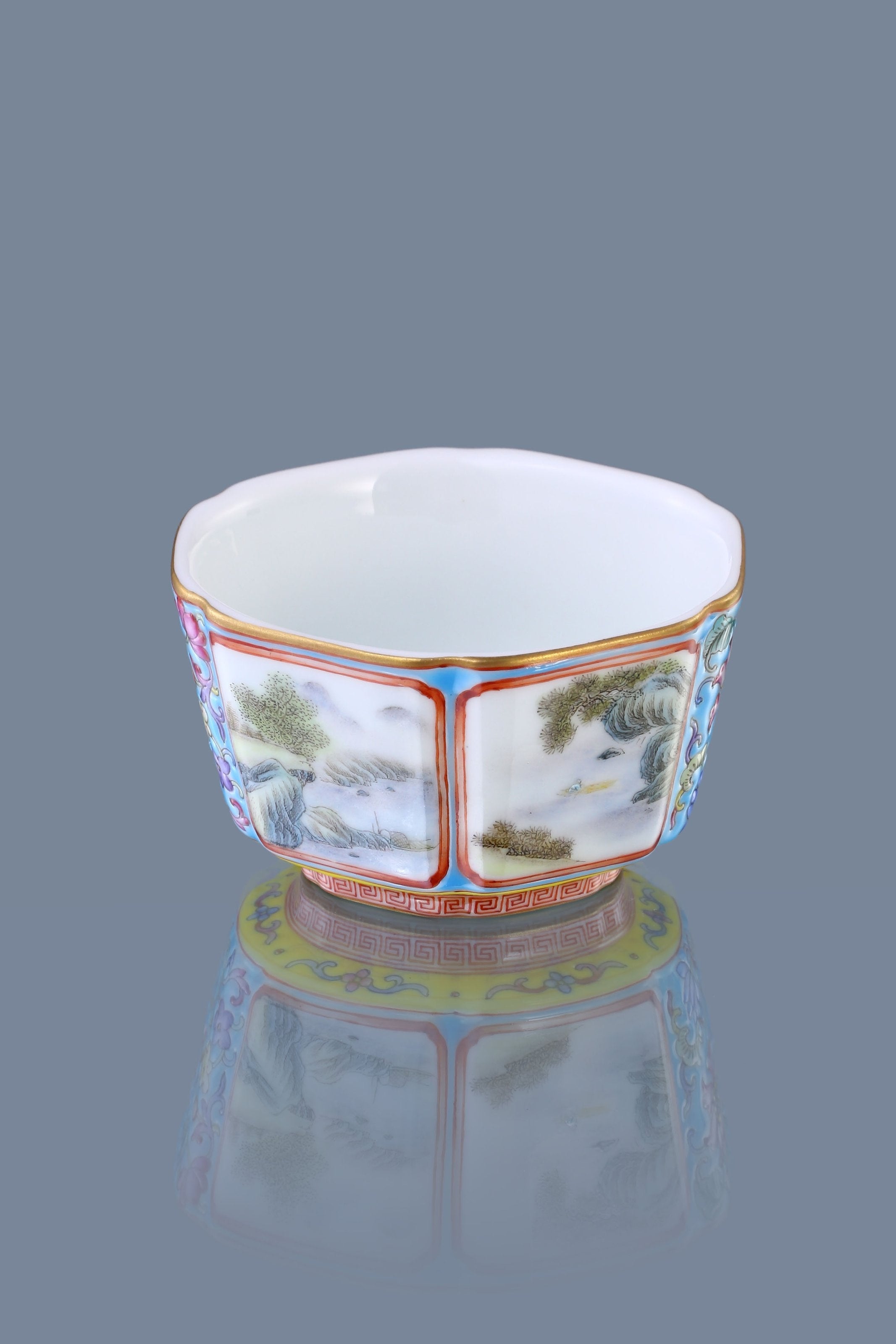 Enamel Hexagonal Cup with Open-Window Landscape