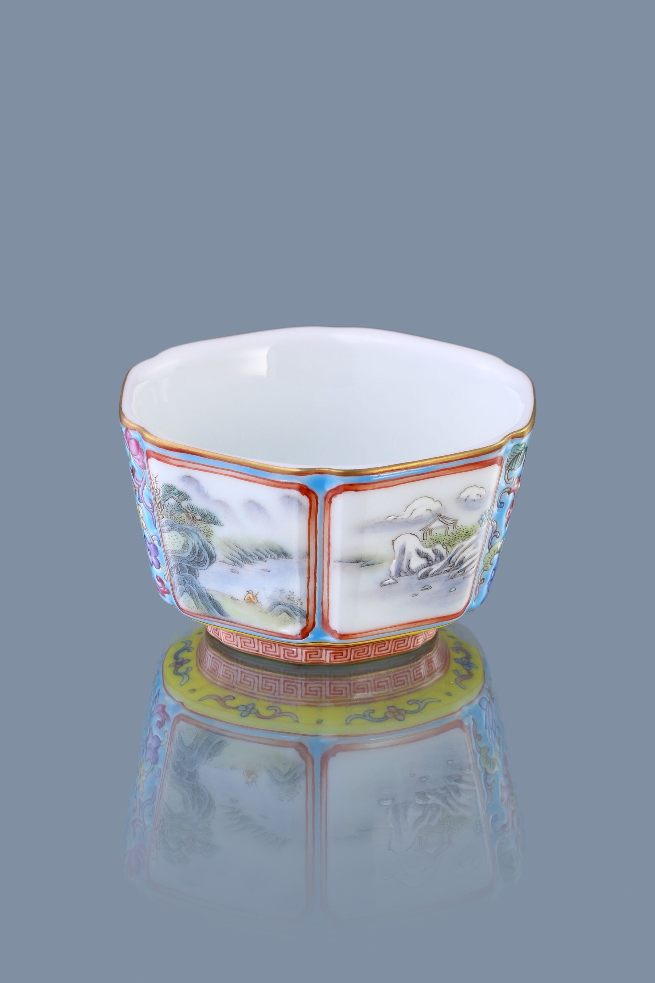 Enamel Hexagonal Cup with Open-Window Landscape