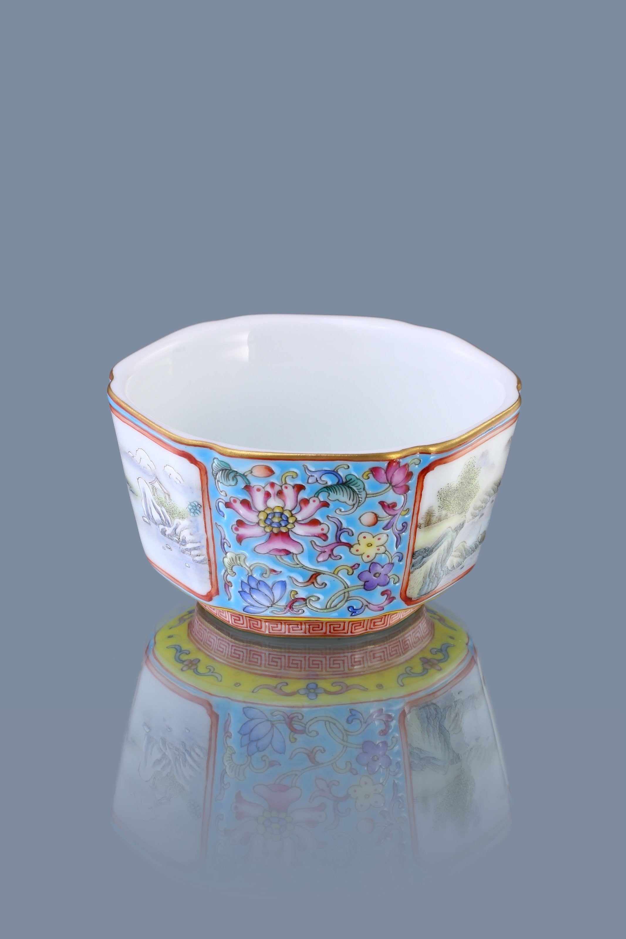 Enamel Hexagonal Cup with Open-Window Landscape