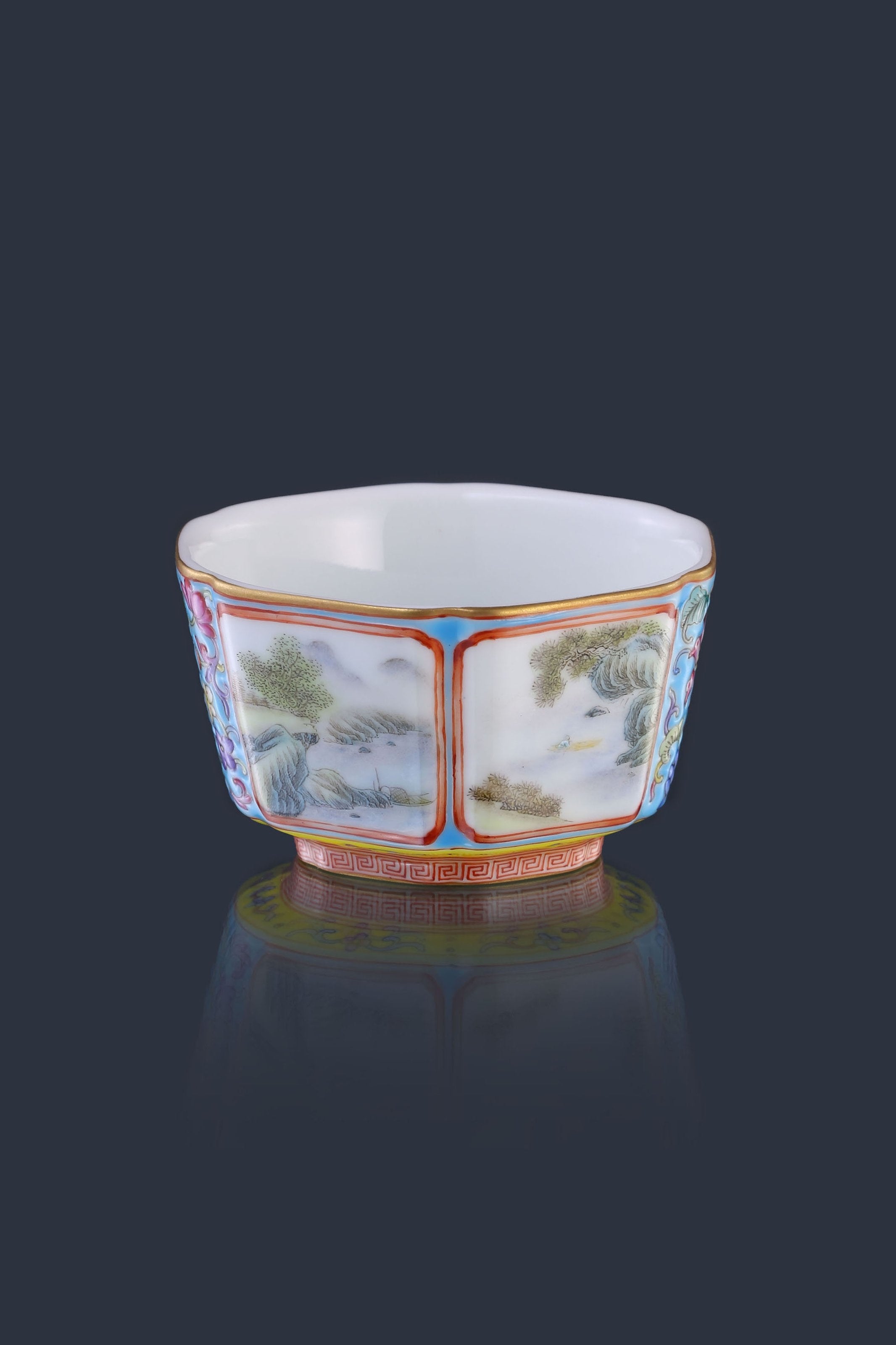 Enamel Hexagonal Cup with Open-Window Landscape