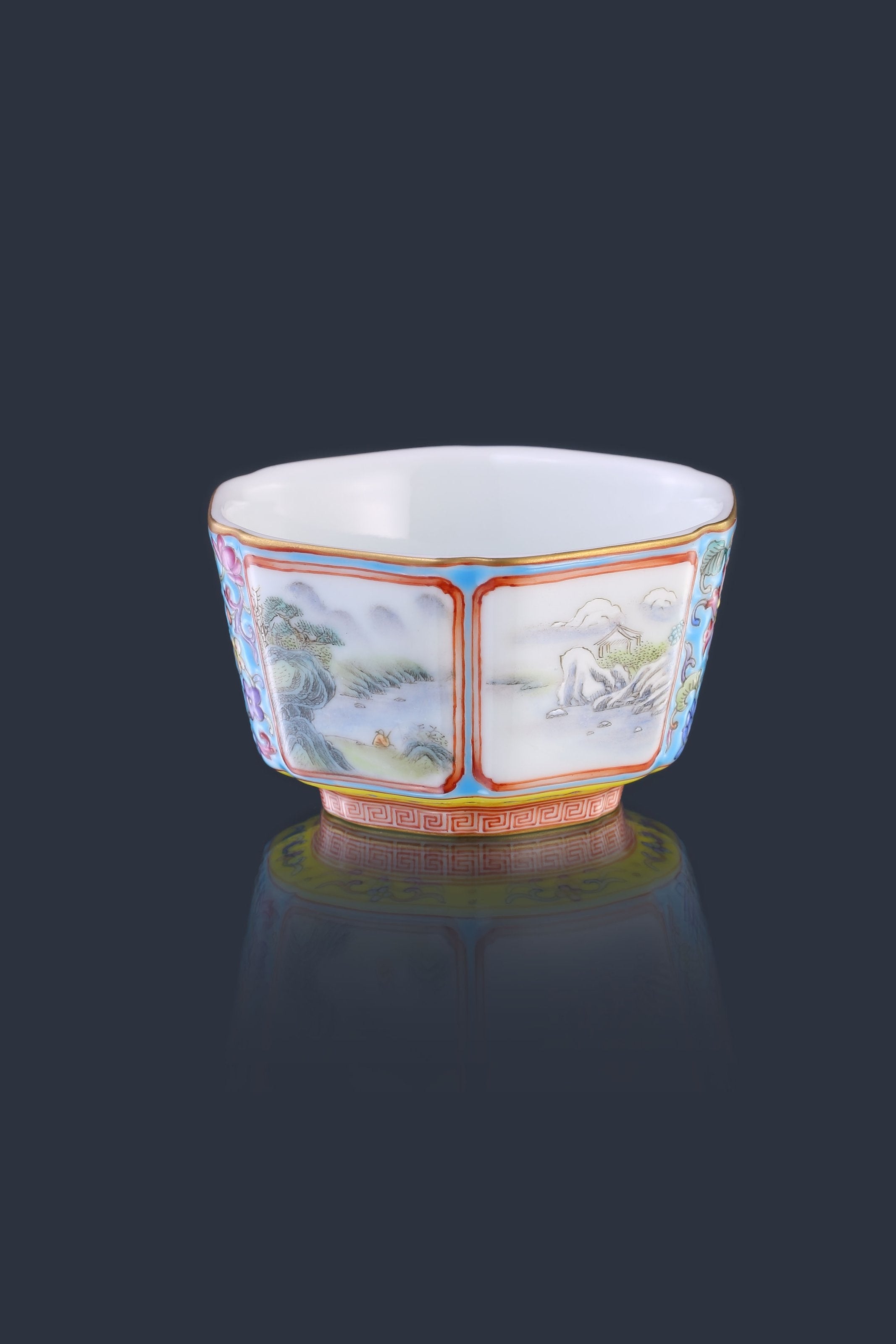 Enamel Hexagonal Cup with Open-Window Landscape