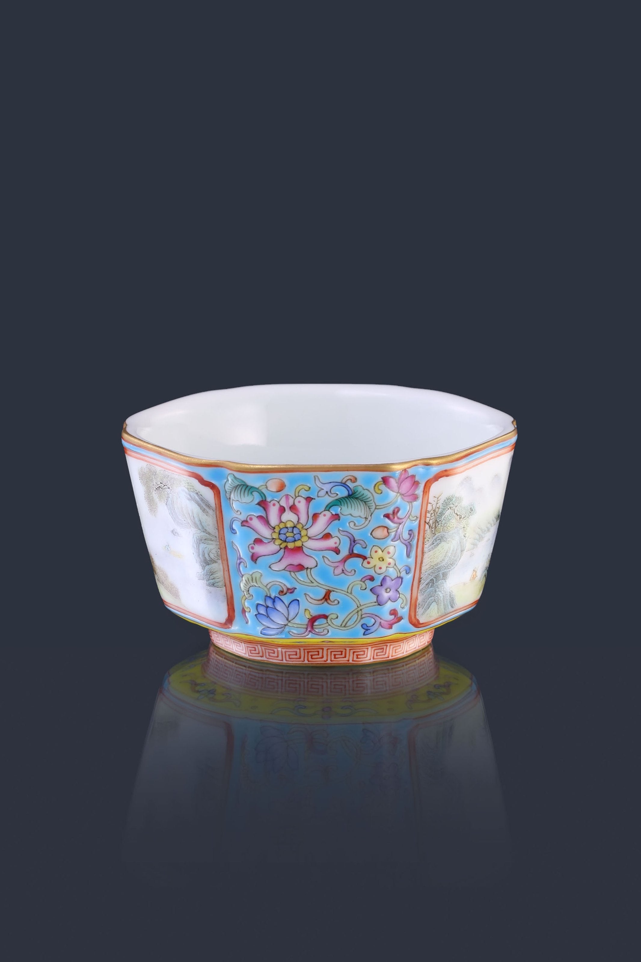Enamel Hexagonal Cup with Open-Window Landscape