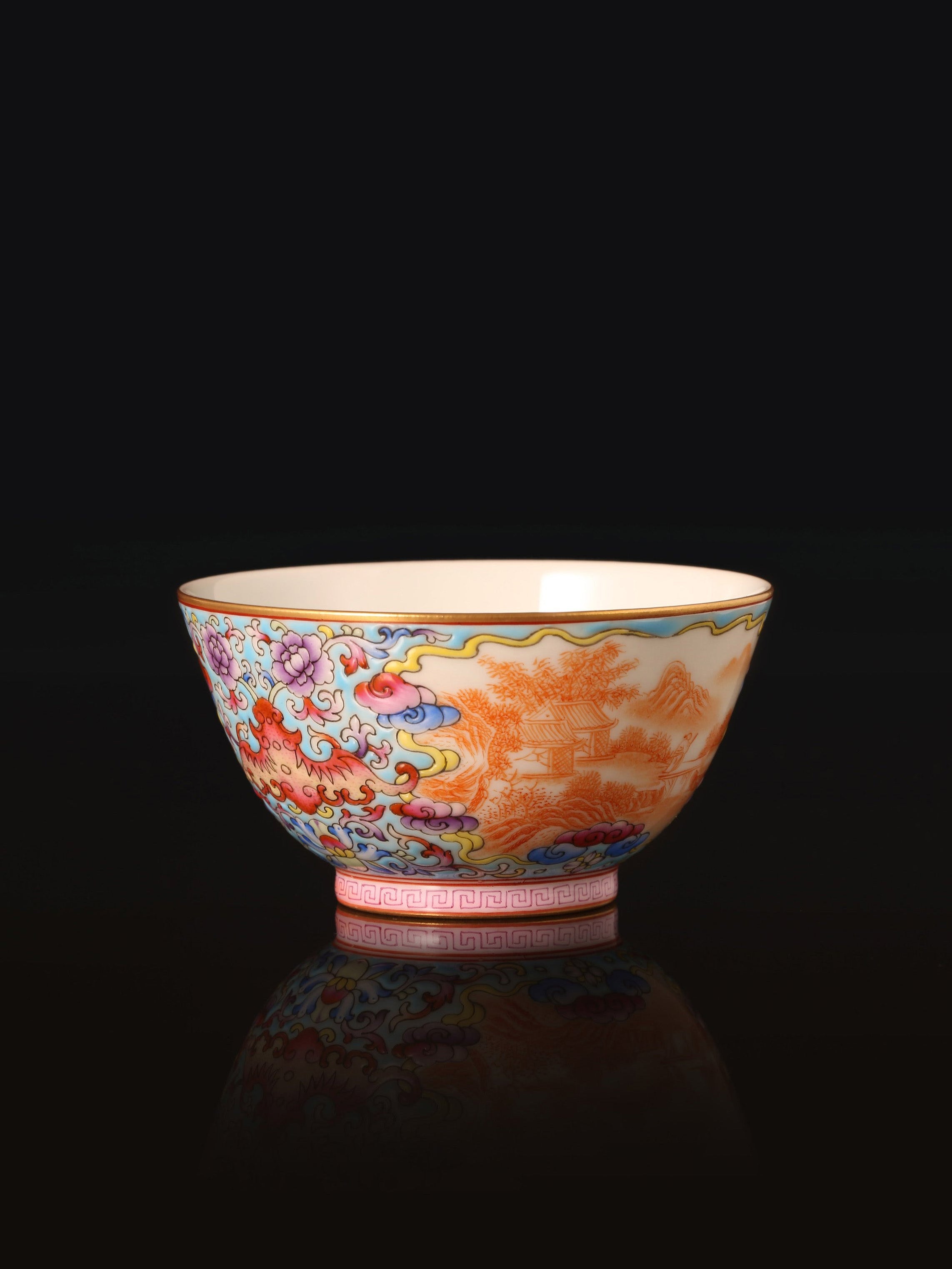 Enamel Tea Cup with Auspicious Clouds and Open-Window Landscape