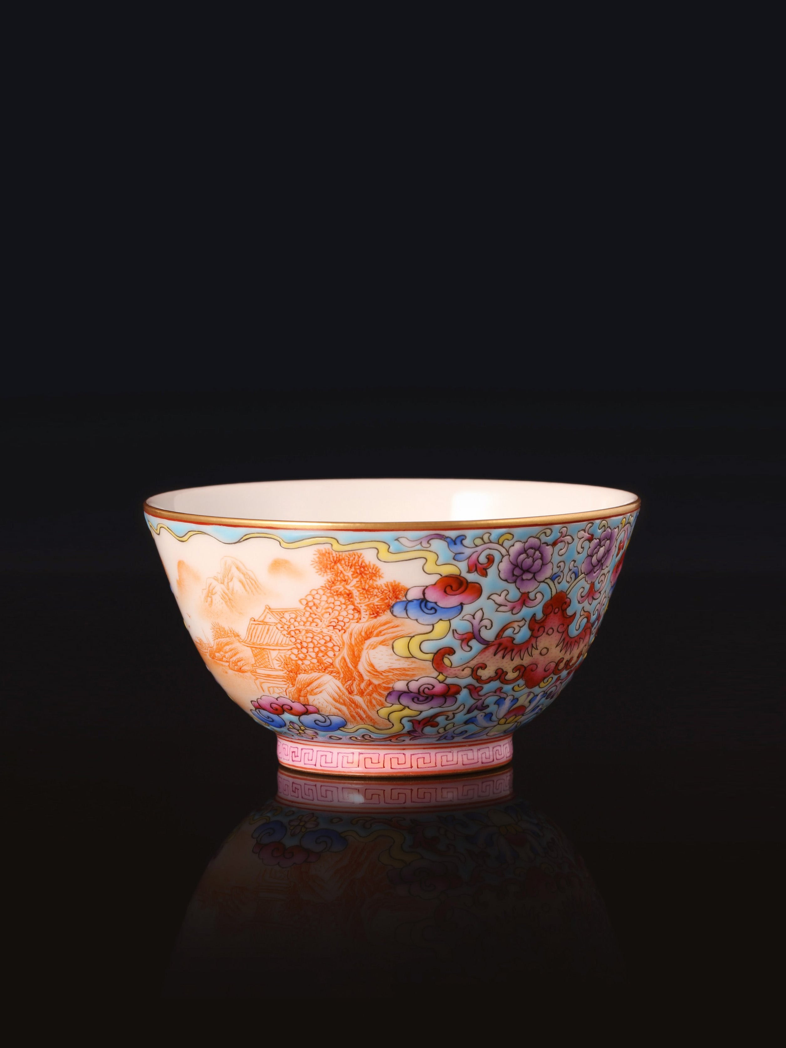 Enamel Tea Cup with Auspicious Clouds and Open-Window Landscape