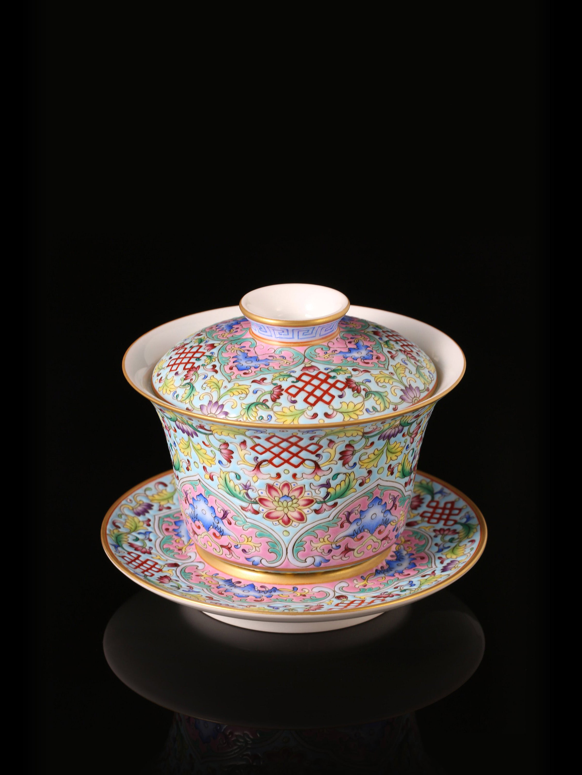 Enamel Lidded Bowl with Chinese Knot Pattern