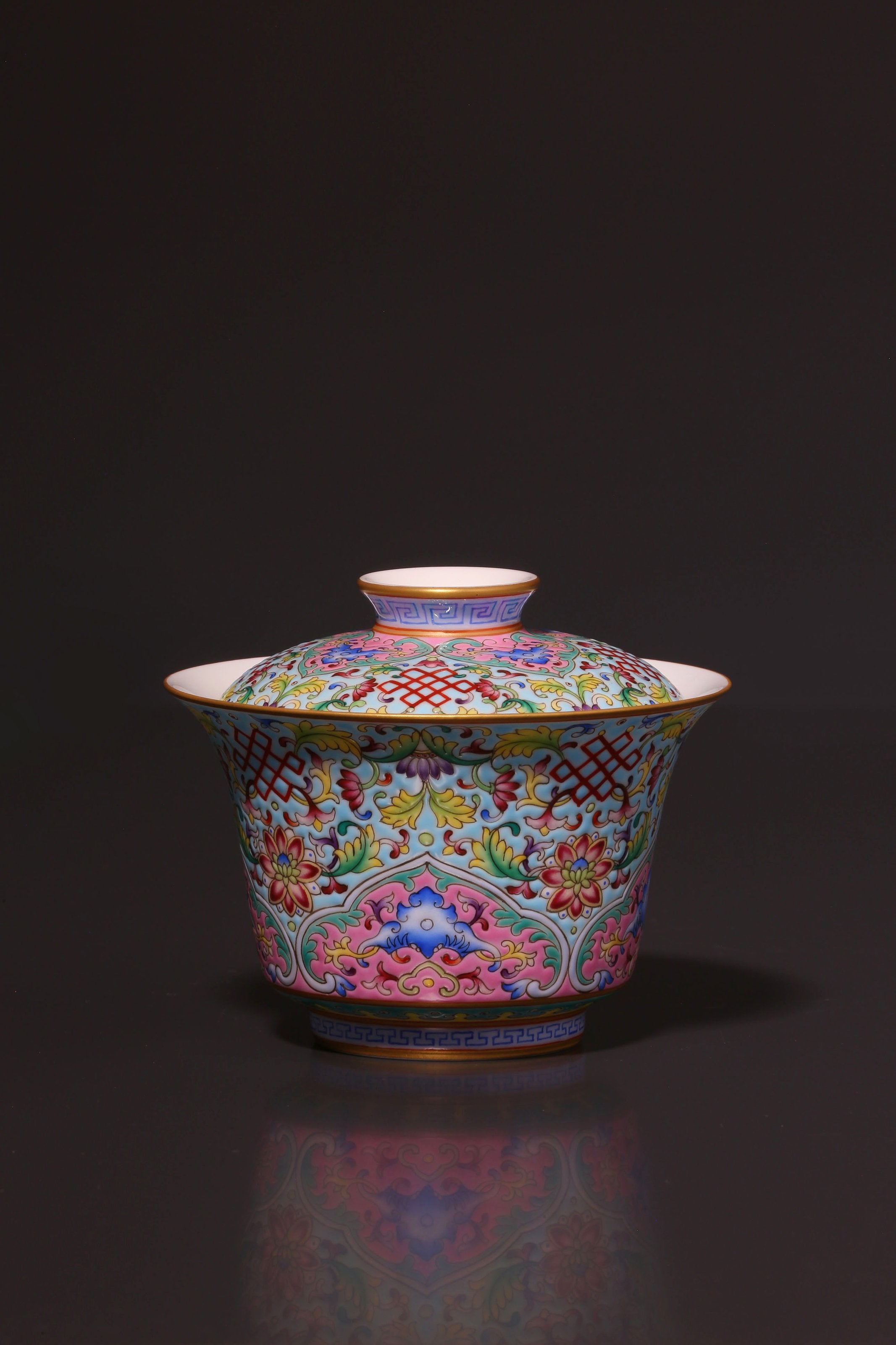 Enamel Lidded Bowl with Chinese Knot Pattern
