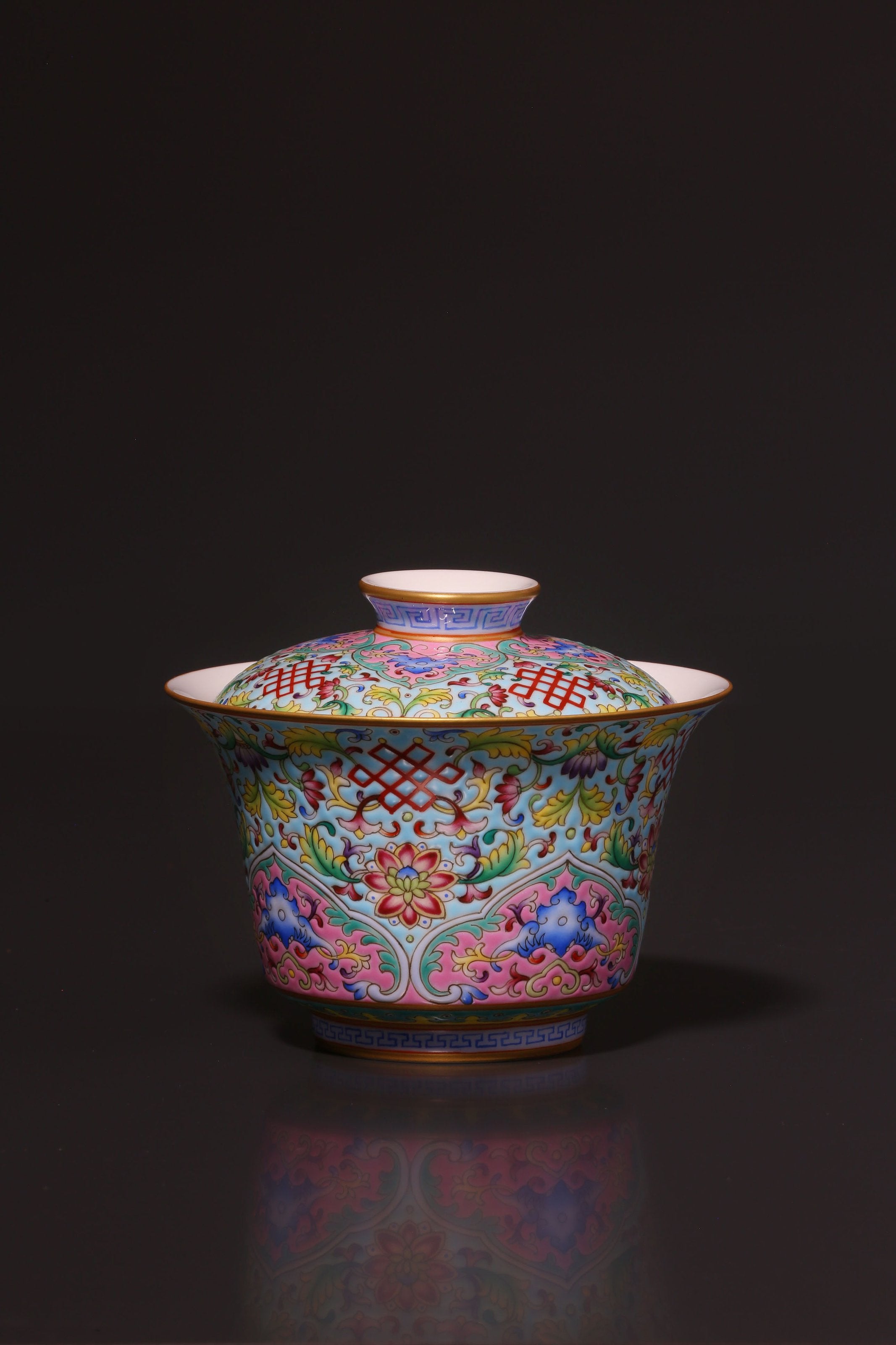 Enamel Lidded Bowl with Chinese Knot Pattern