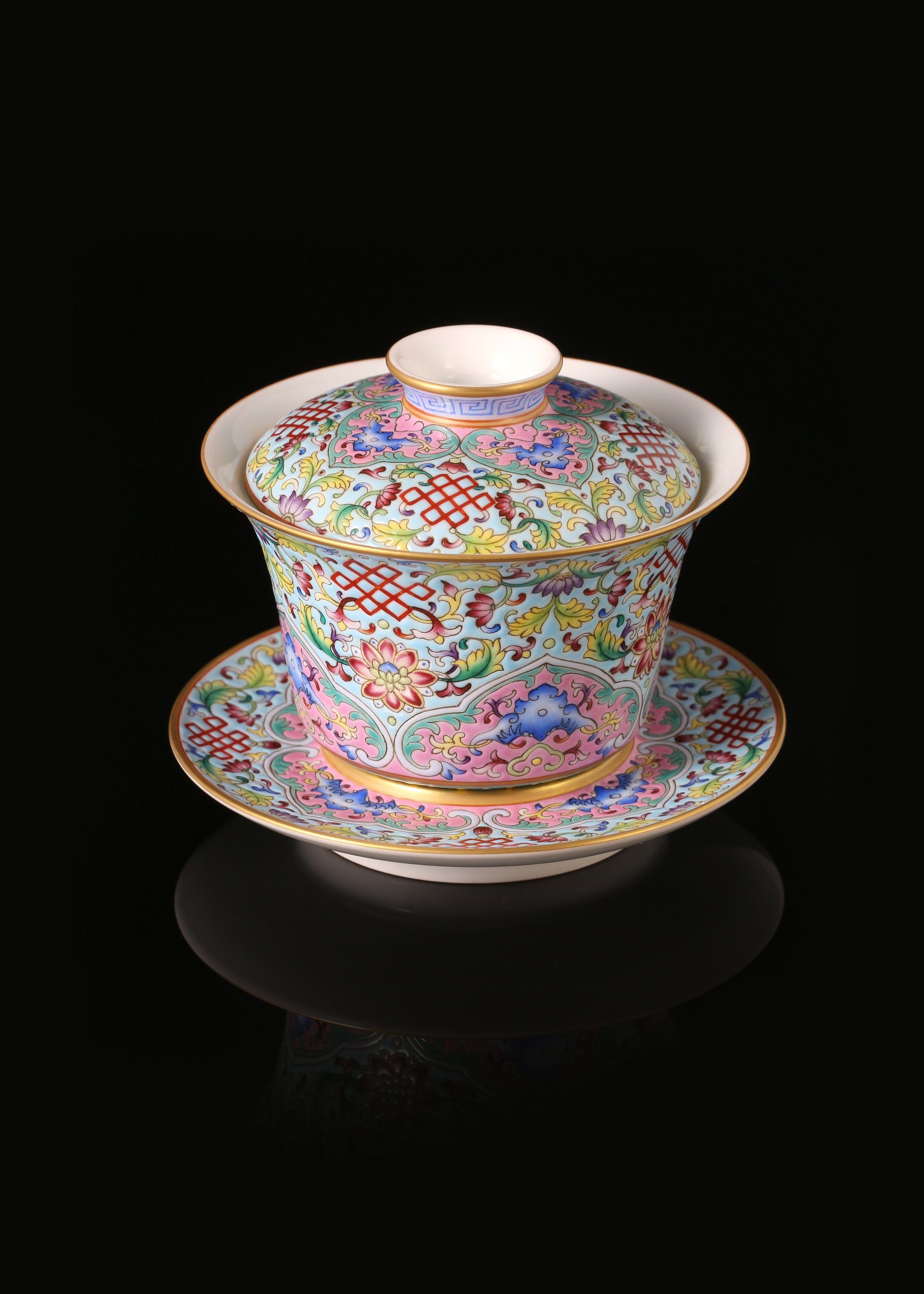 Enamel Lidded Bowl with Chinese Knot Pattern