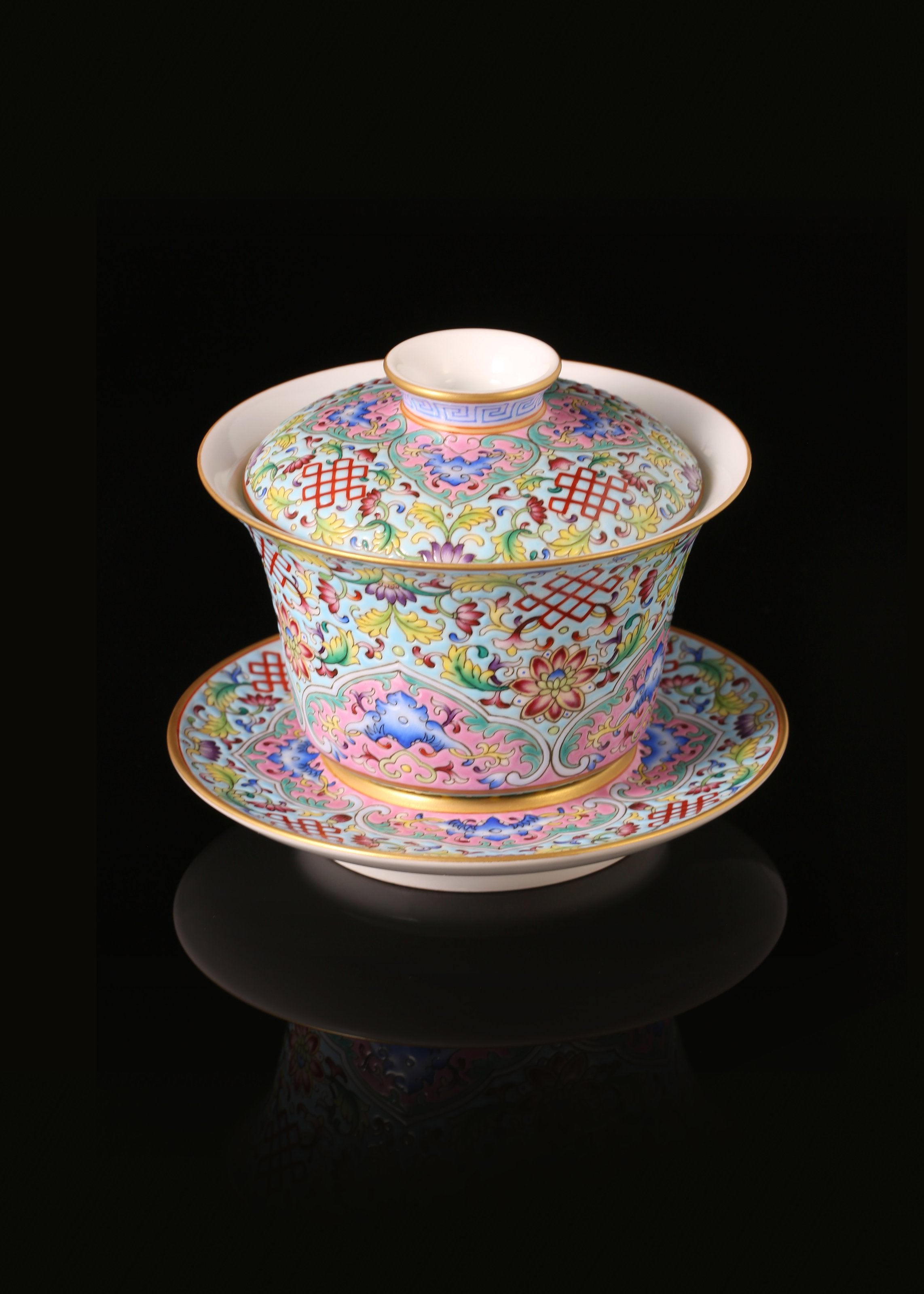 Enamel Lidded Bowl with Chinese Knot Pattern