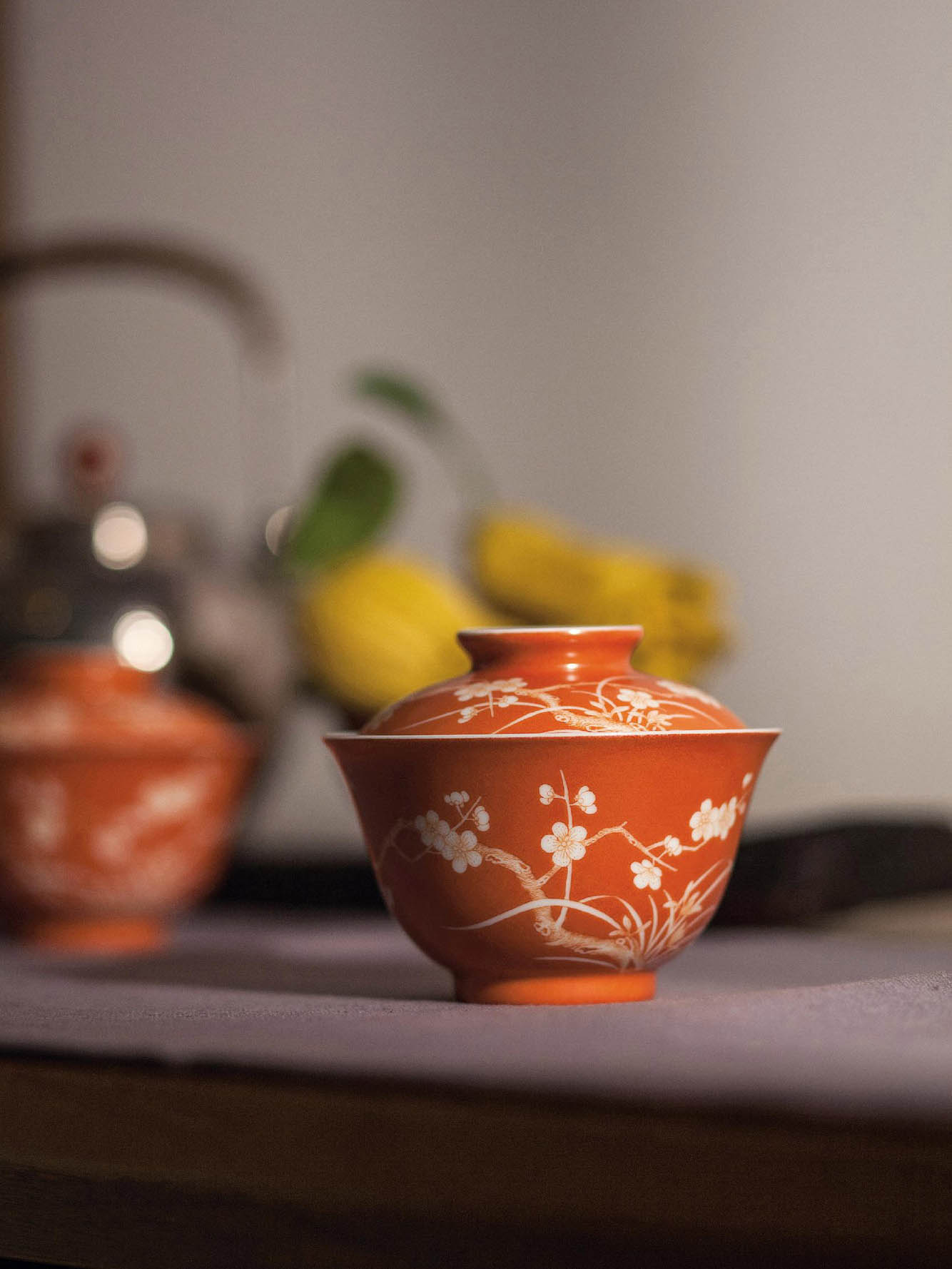 Iron-Red Gaiwan(lidded bowl) with Plum and Orchid Patterns