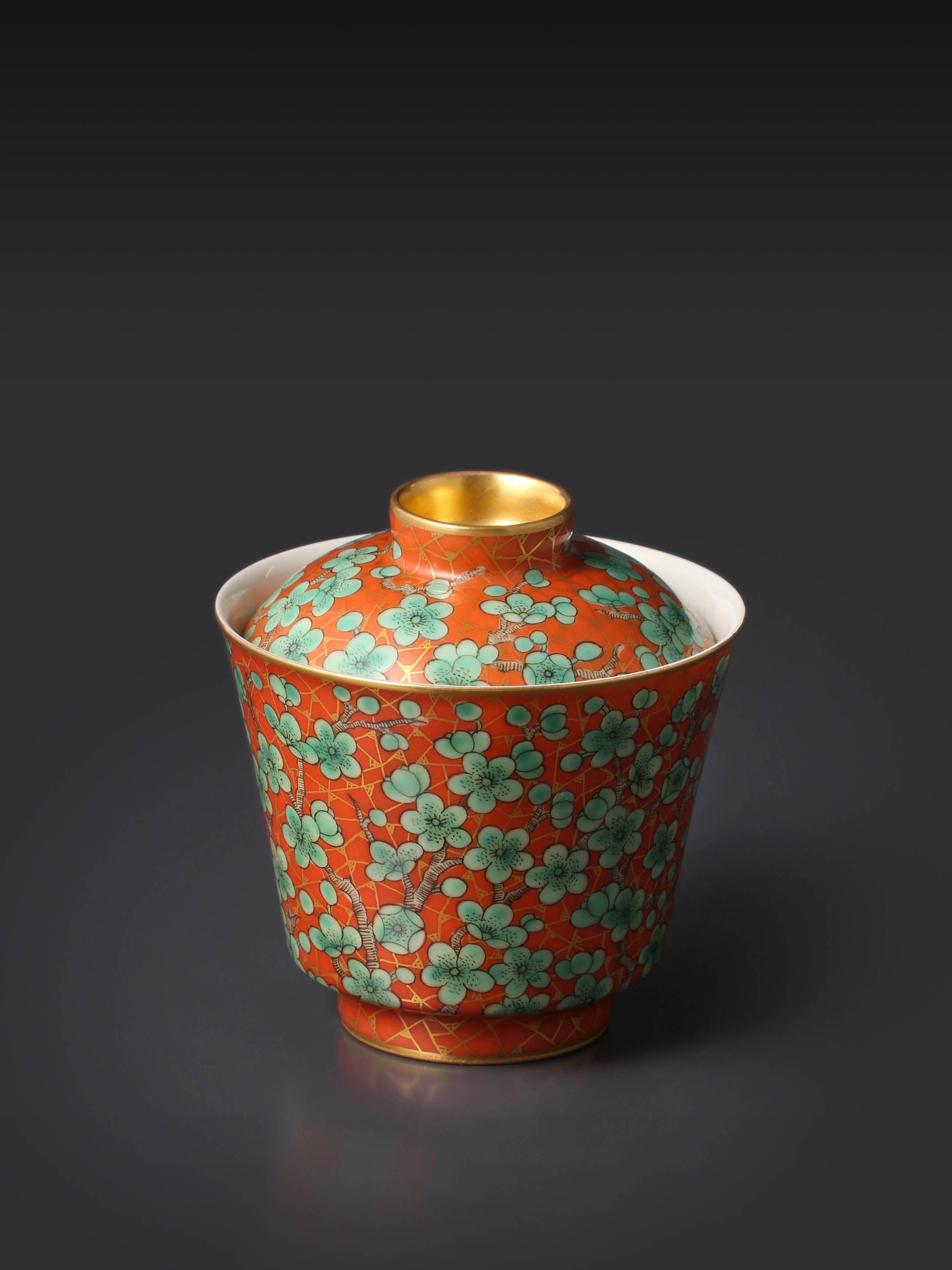 Iron-Red Gaiwan(lidded bowl) with Green Plum Blossoms