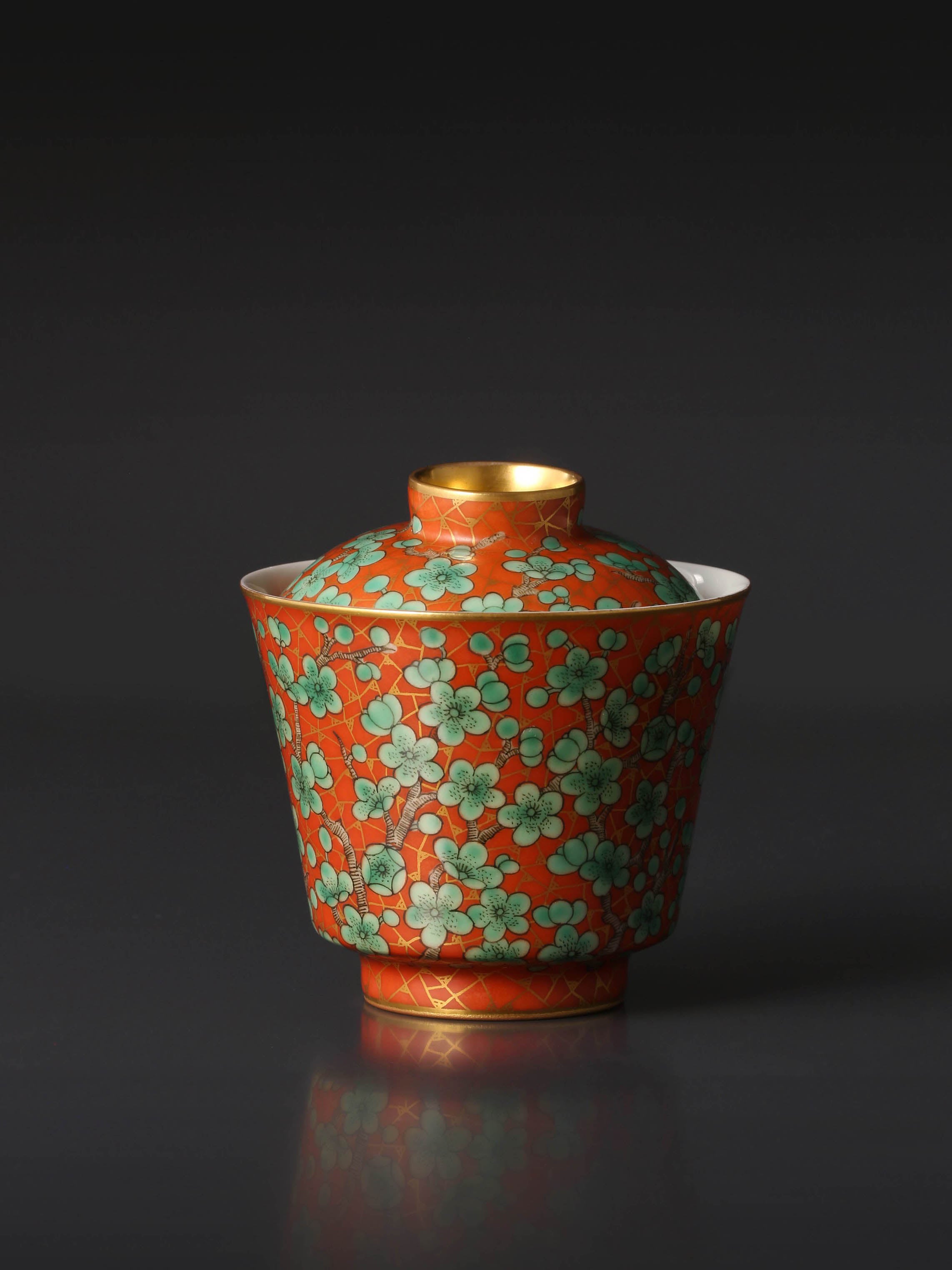 Iron-Red Gaiwan(lidded bowl) with Green Plum Blossoms
