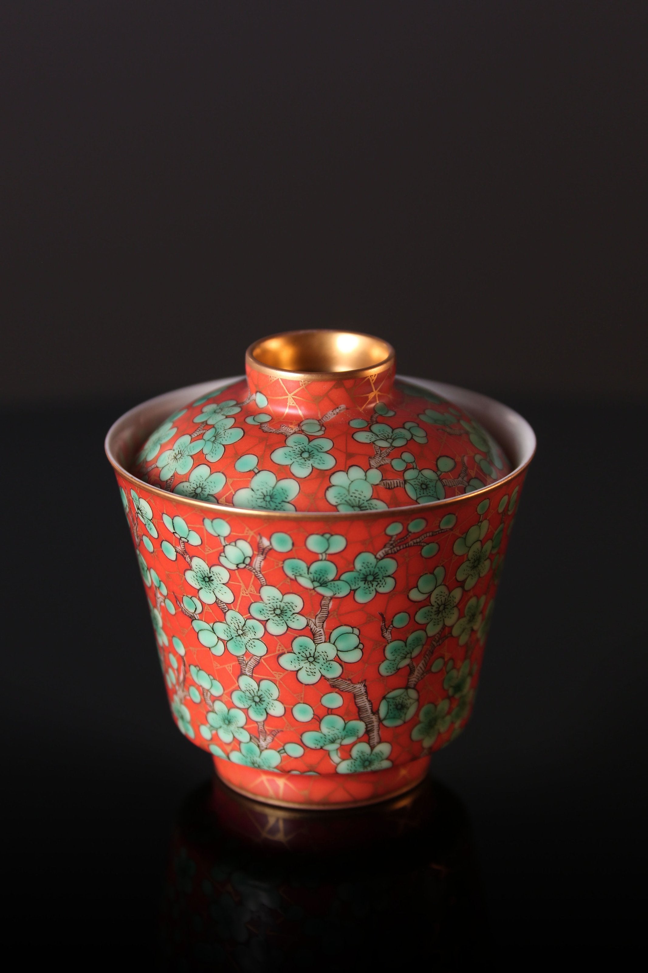 Iron-Red Gaiwan(lidded bowl) with Green Plum Blossoms