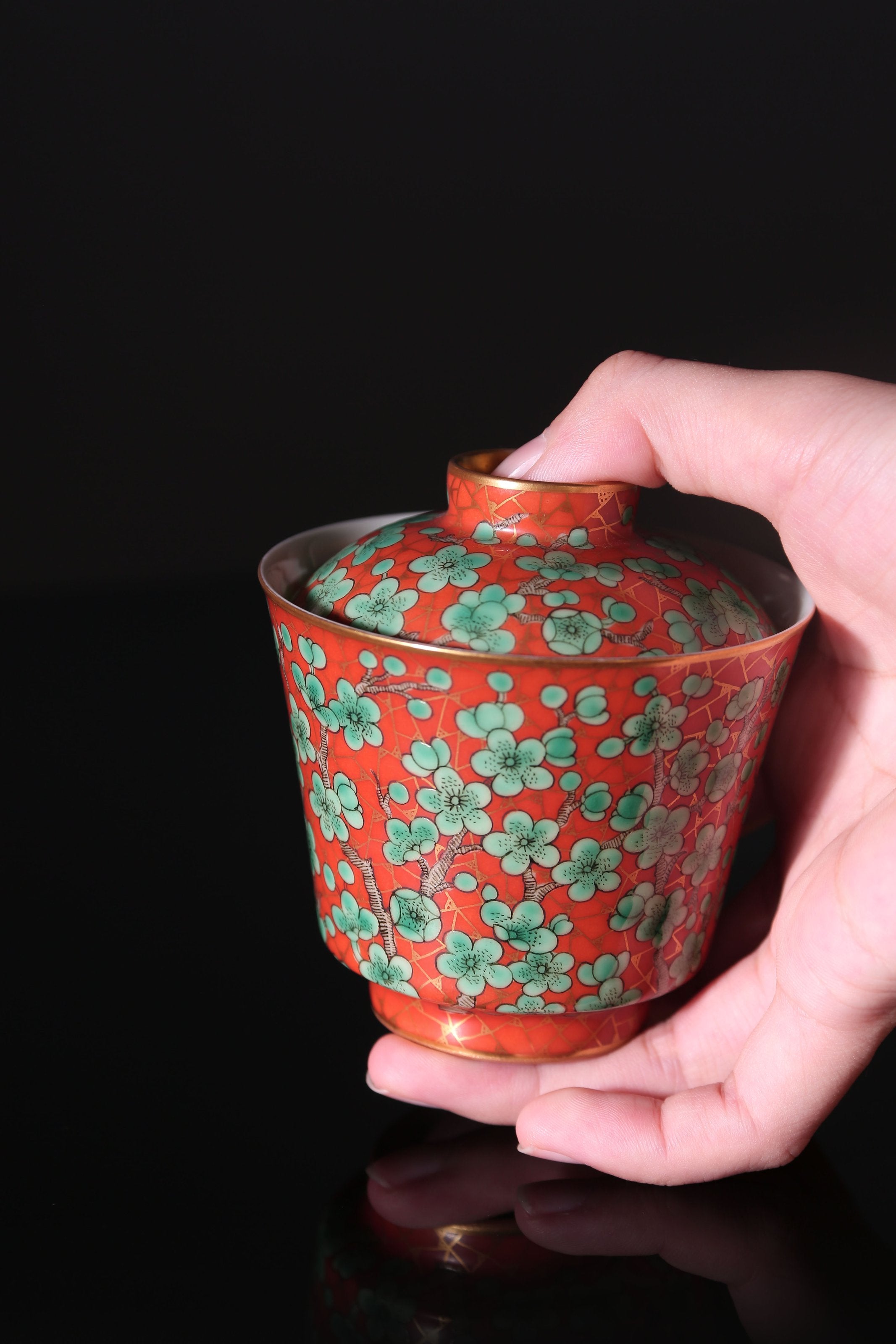 Iron-Red Gaiwan(lidded bowl) with Green Plum Blossoms