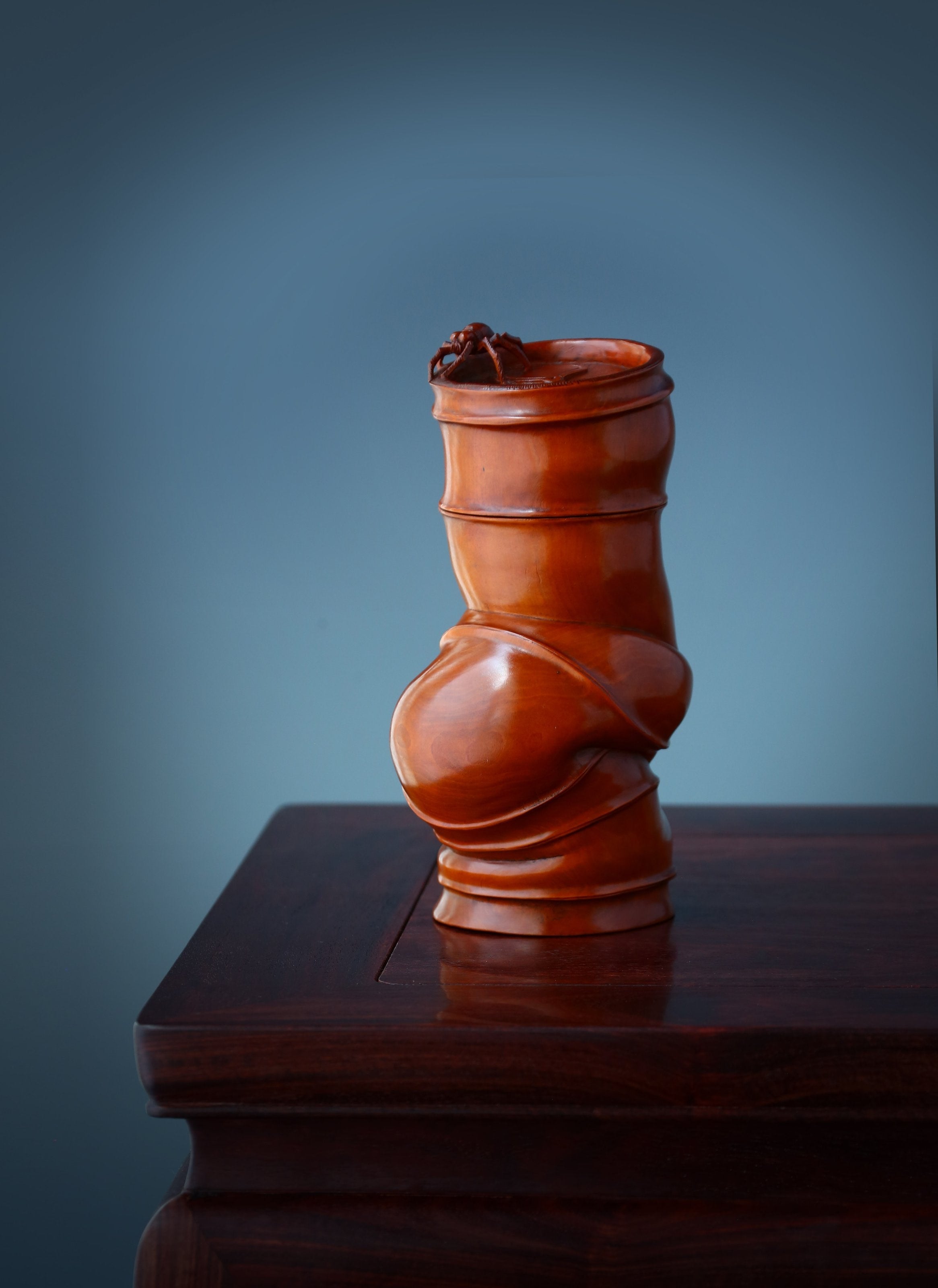 黄杨木雕竹节纹“知足”茶叶罐