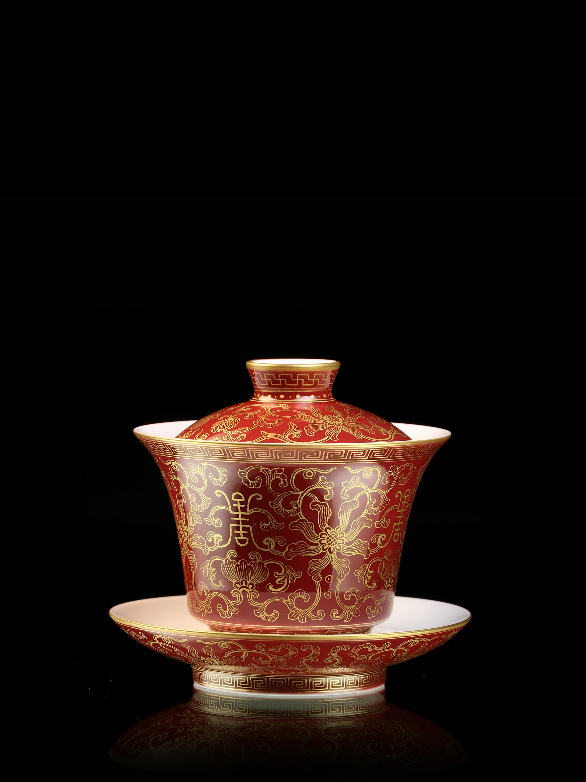 祭蓝/祭红金福寿纹盖碗