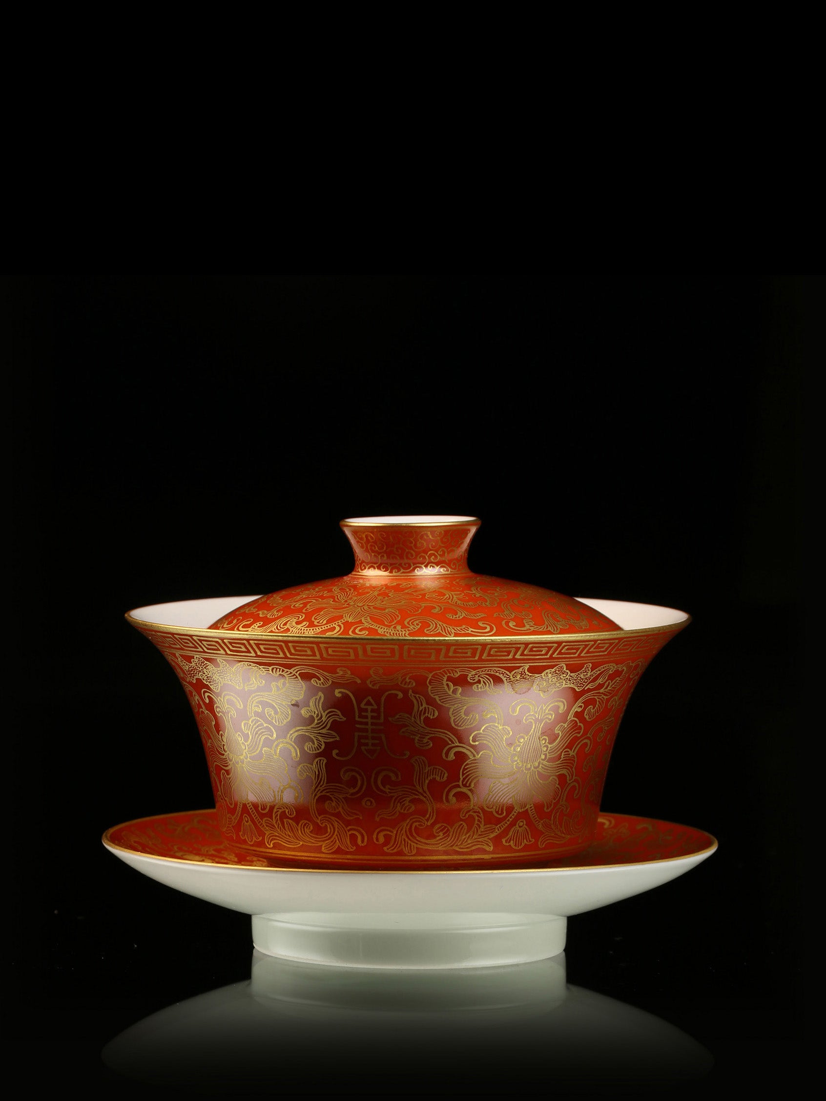 祭蓝/祭红金福寿纹盖碗