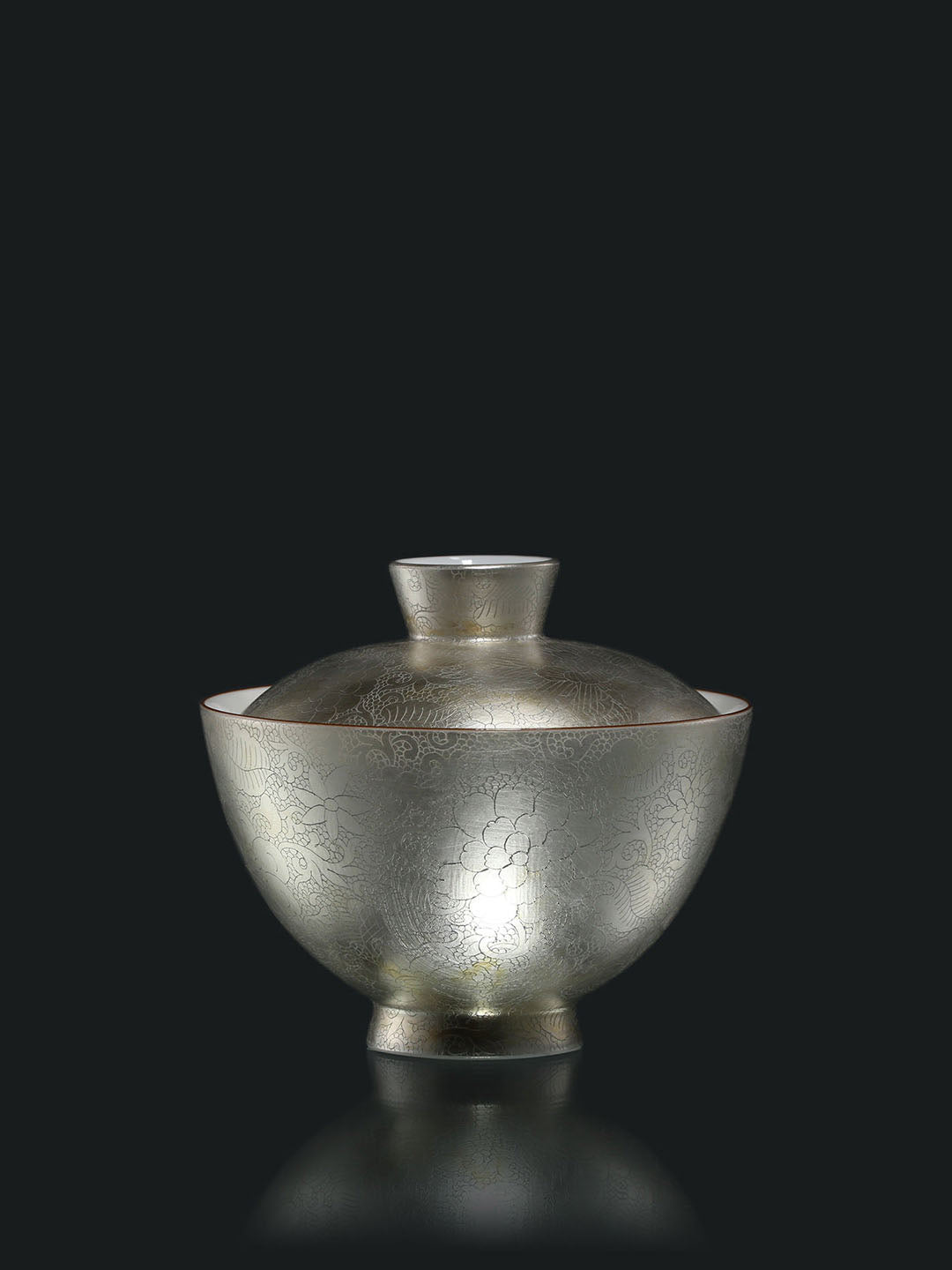 Hand-Carved Full-Flower Silver-Decorated Lidded Bowl / Cup