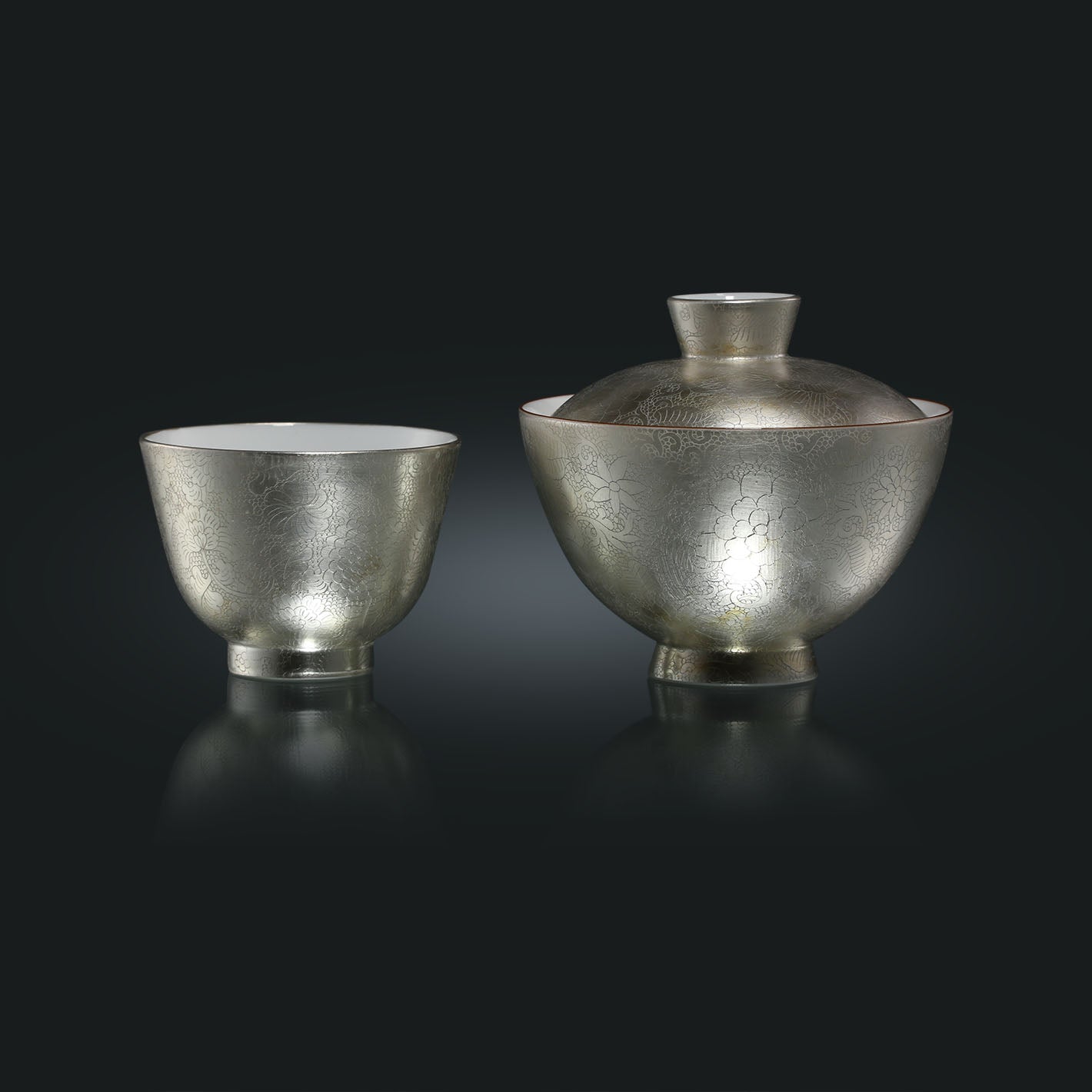 Hand-Carved Full-Flower Silver-Decorated Lidded Bowl / Cup