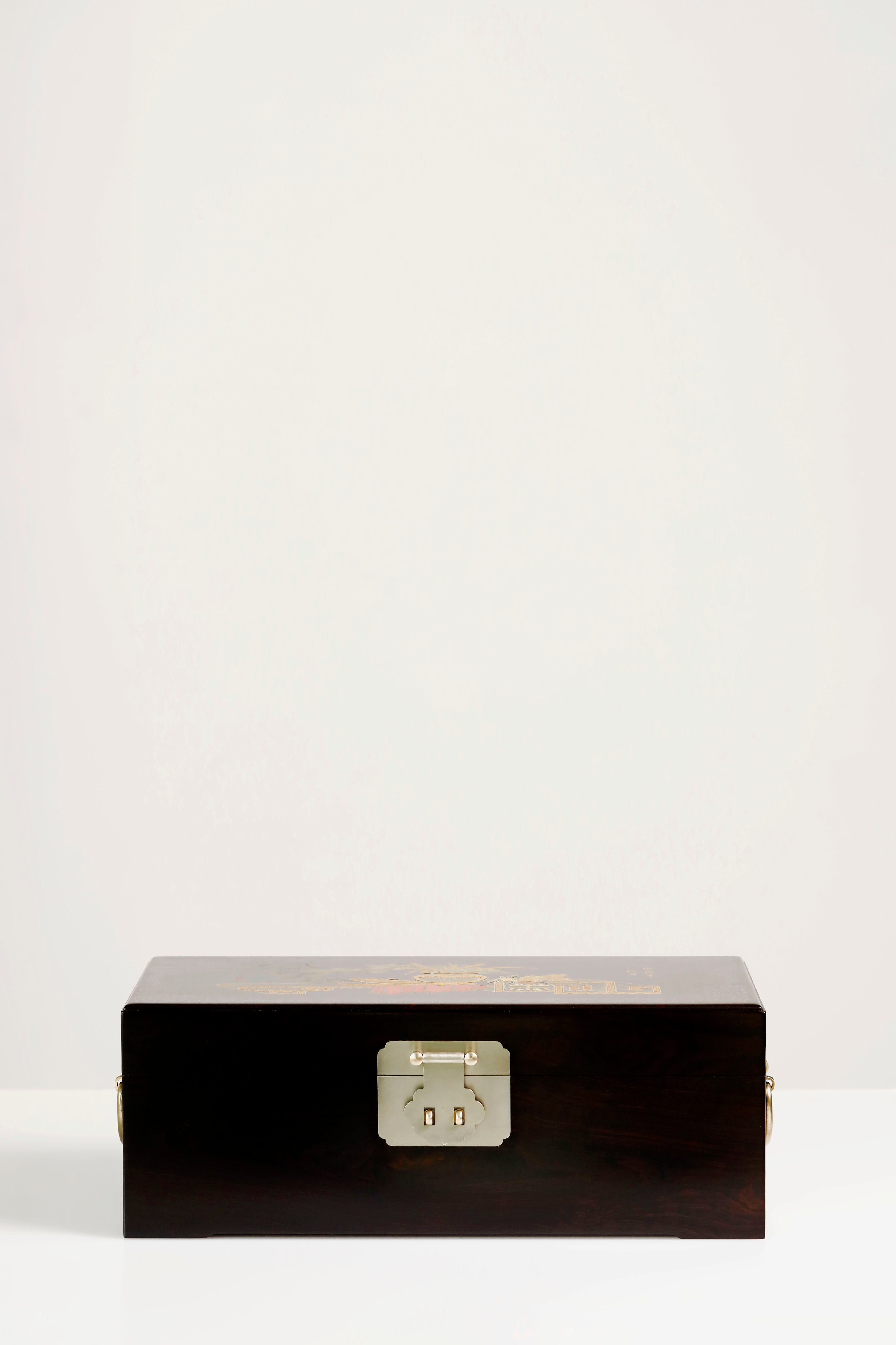 紫光檀鸳鸯戏水/博古图描金盒