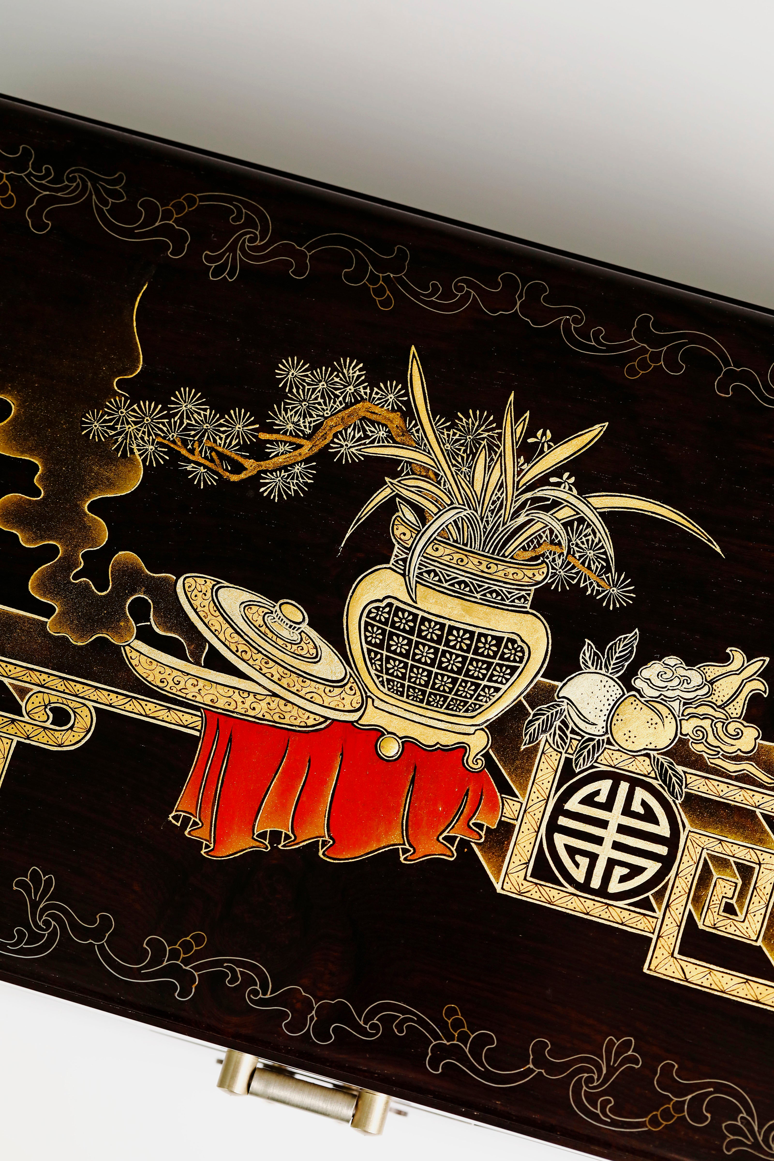 紫光檀鸳鸯戏水/博古图描金盒