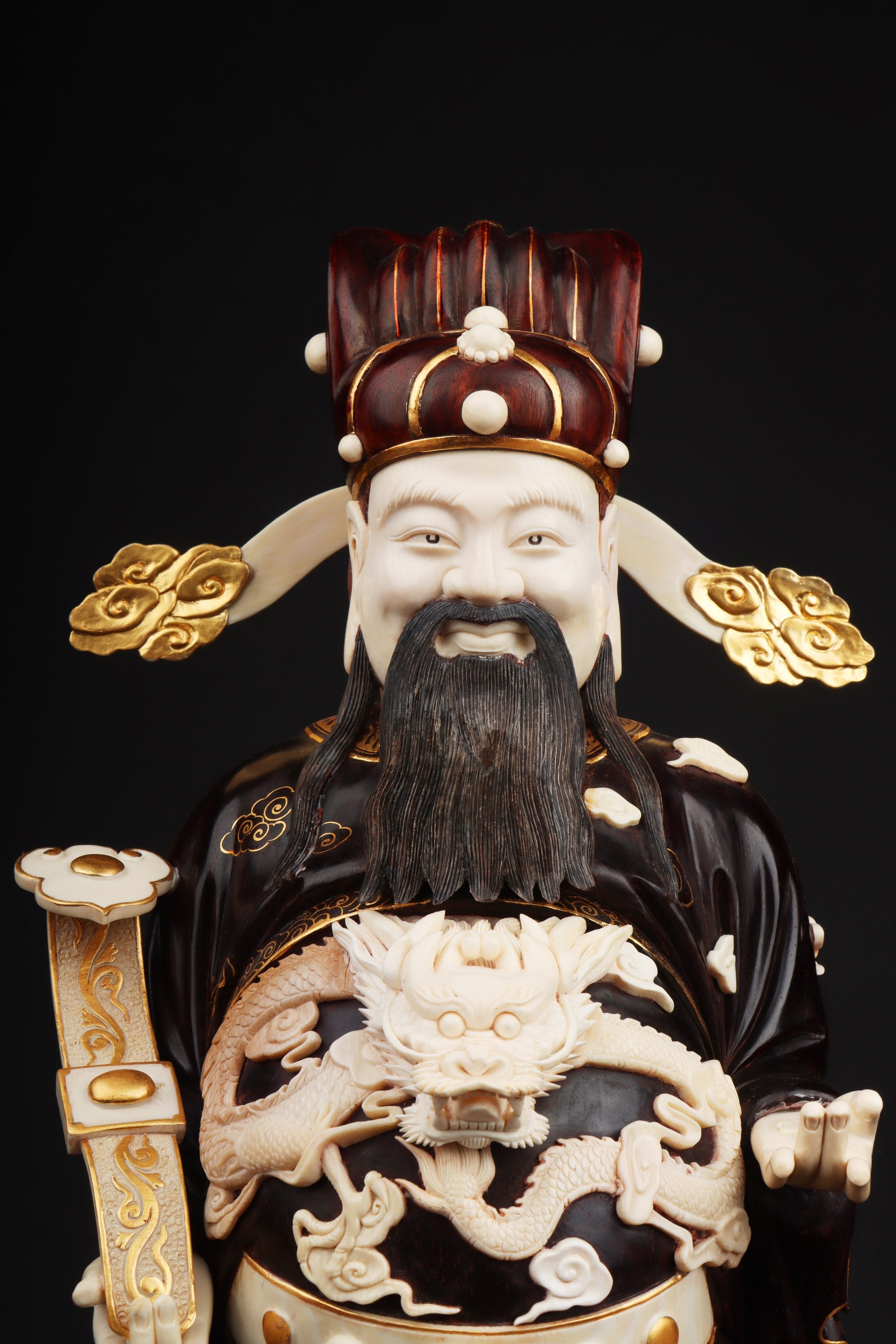 Mammoth ivory carved small-leaf sandalwood gilded God of Wealth