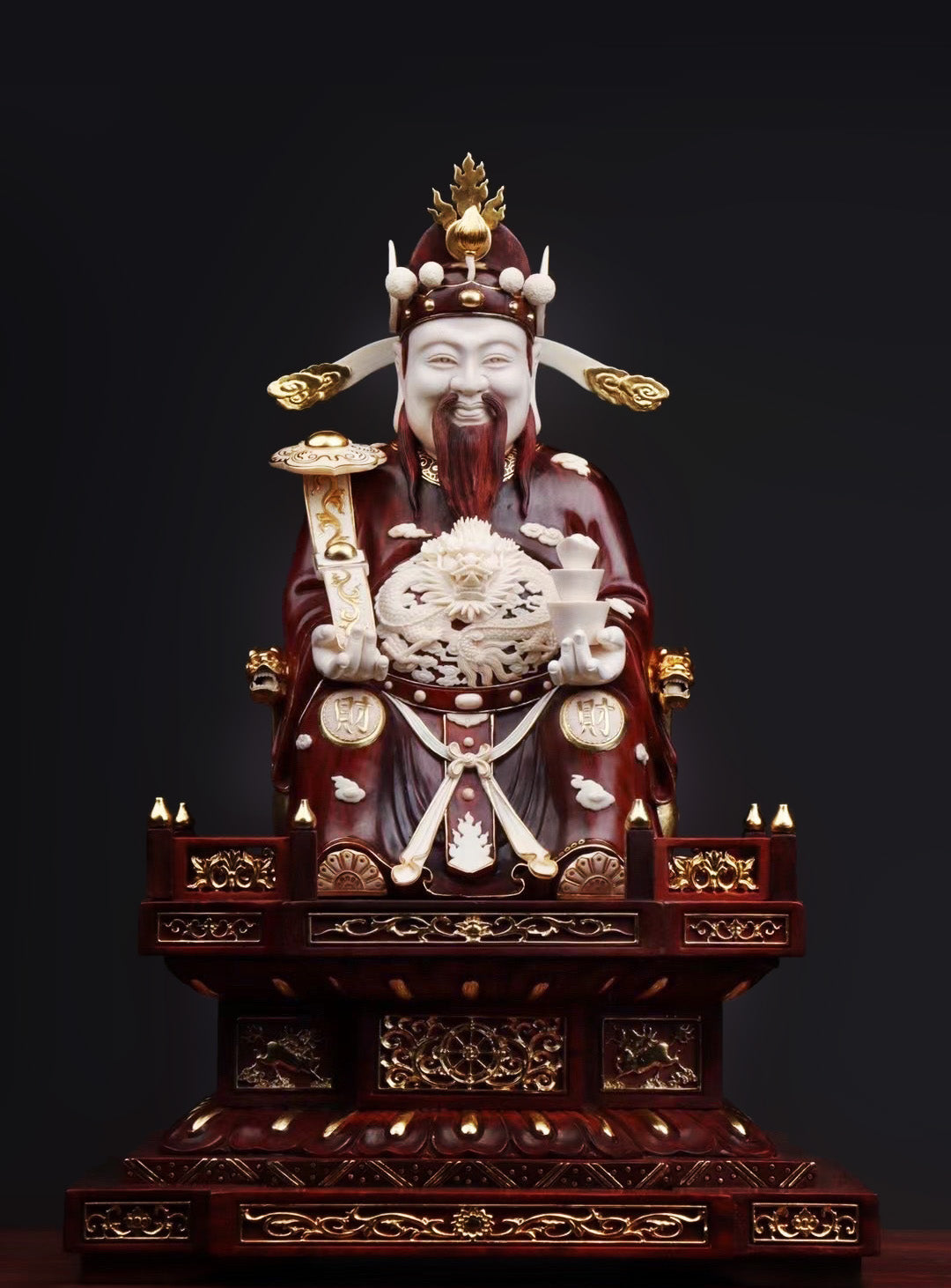 Mammoth ivory carved small-leaf sandalwood gilded God of Wealth