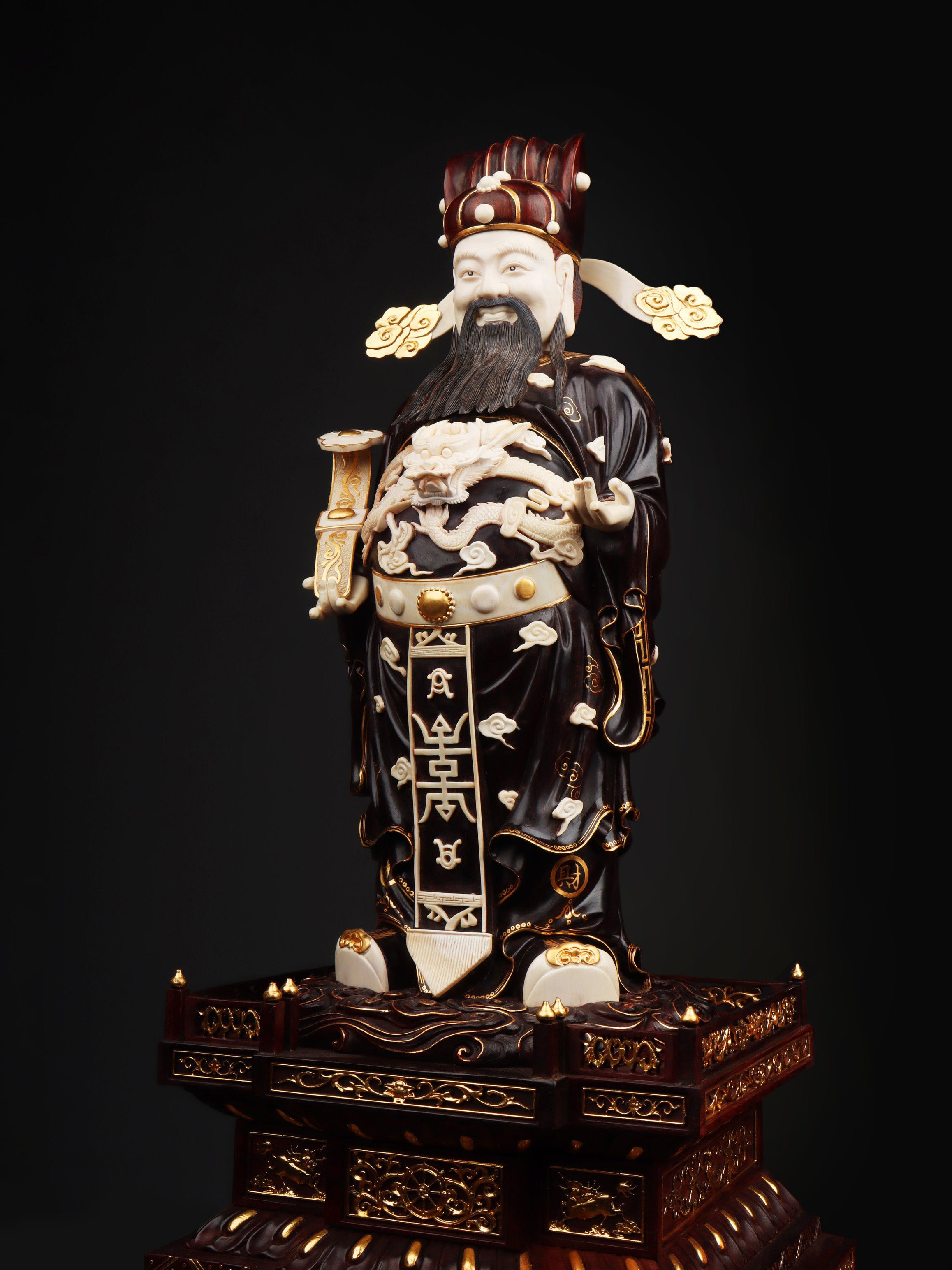 Mammoth ivory carved small-leaf sandalwood gilded God of Wealth