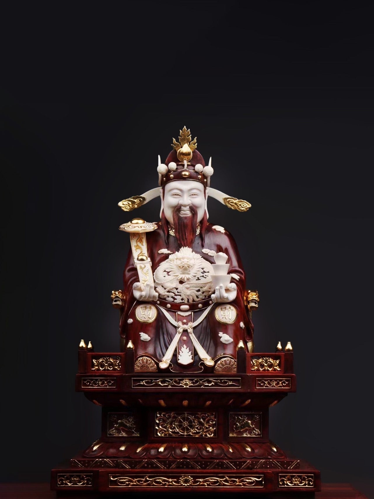 Mammoth ivory carved small-leaf sandalwood gilded God of Wealth