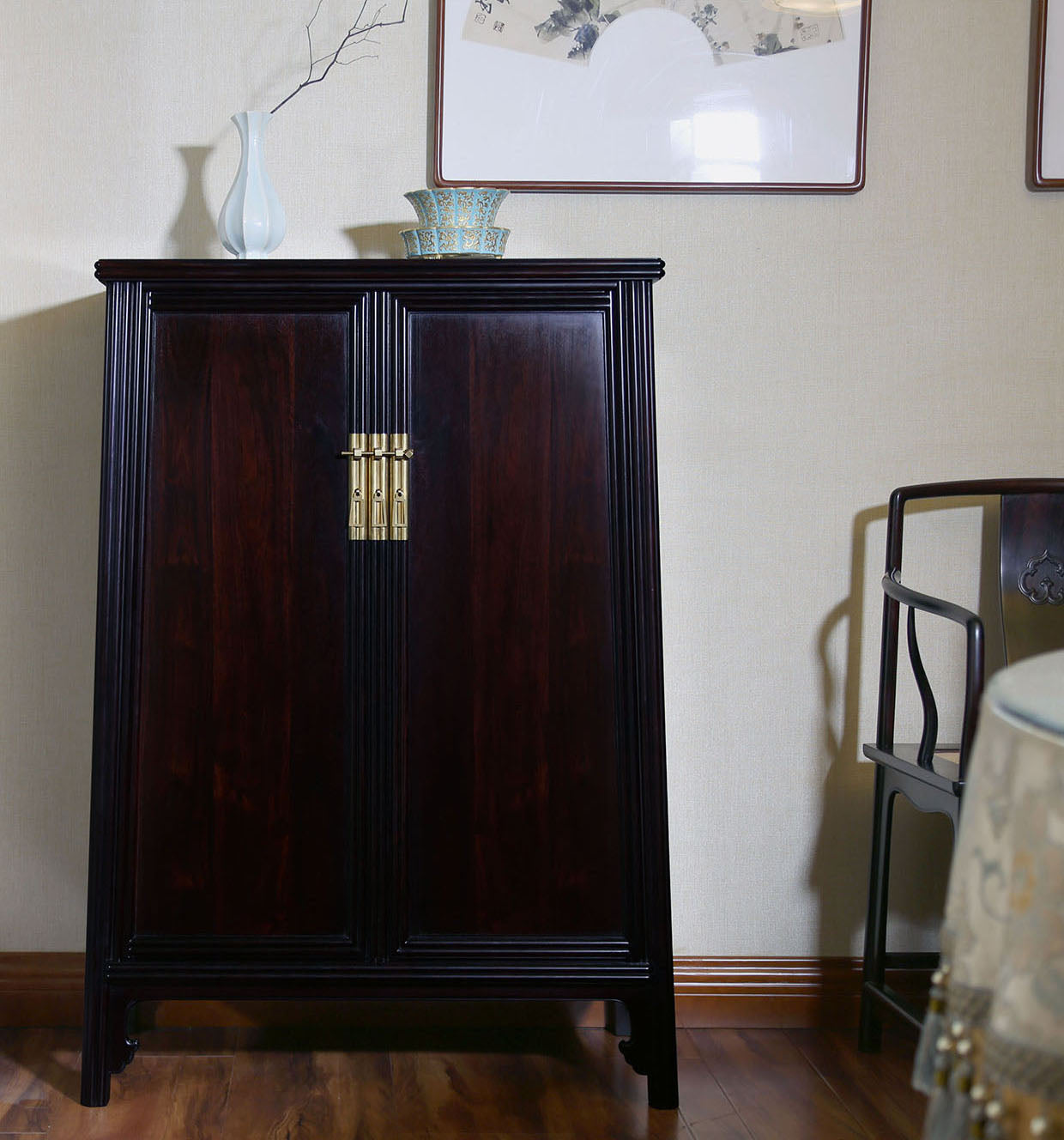 明式 瓜棱 圆角案上茶边柜