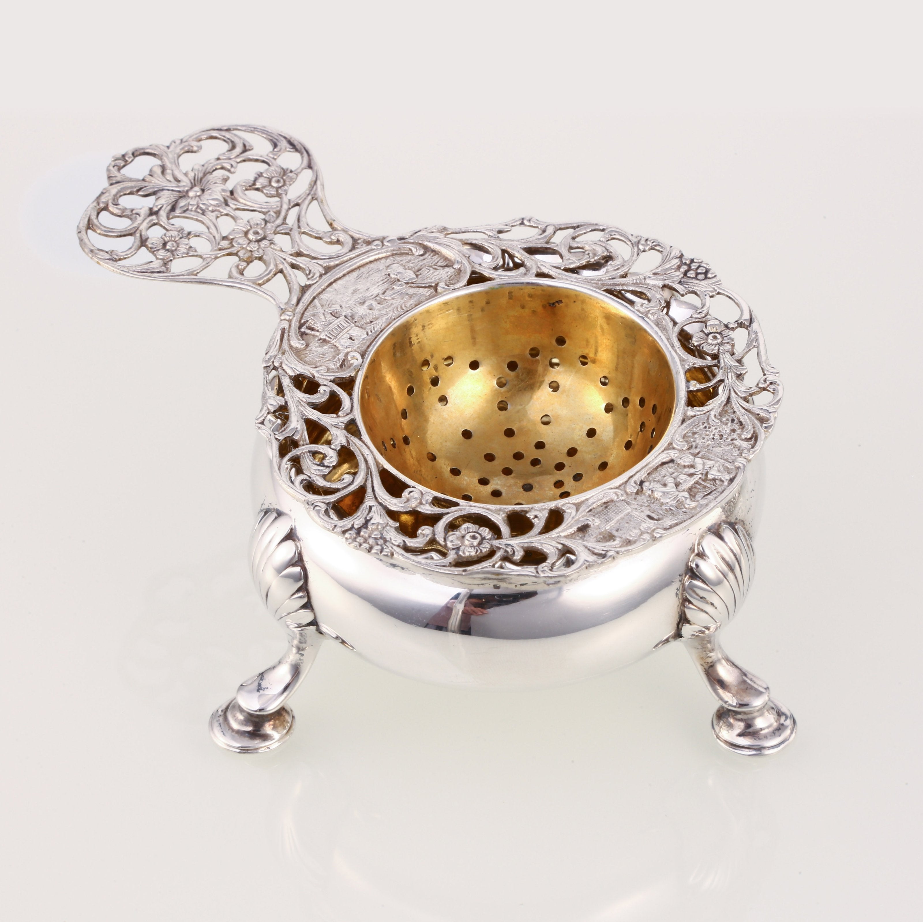 欧洲古董纯银玫瑰花茶滤一套