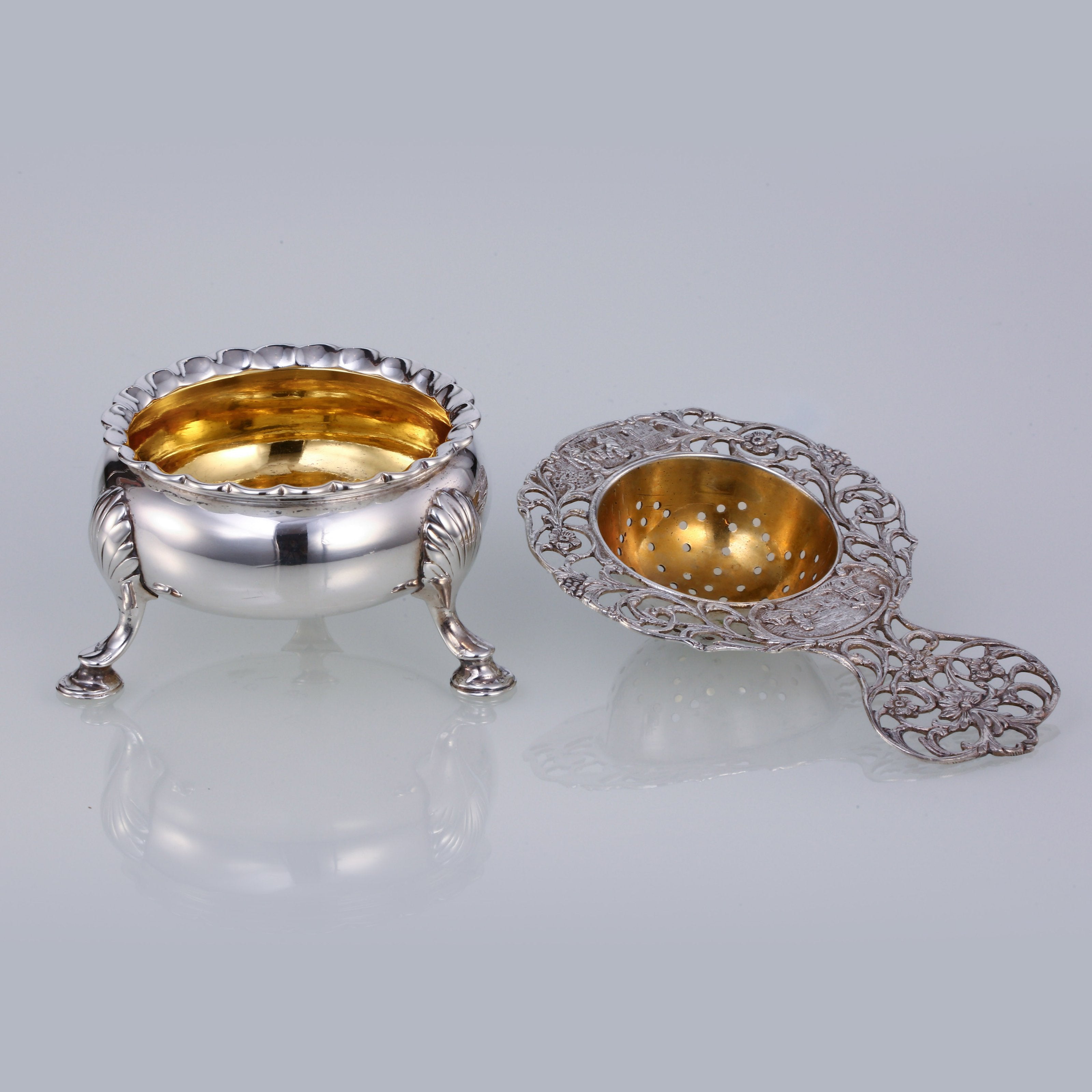 欧洲古董纯银玫瑰花茶滤一套