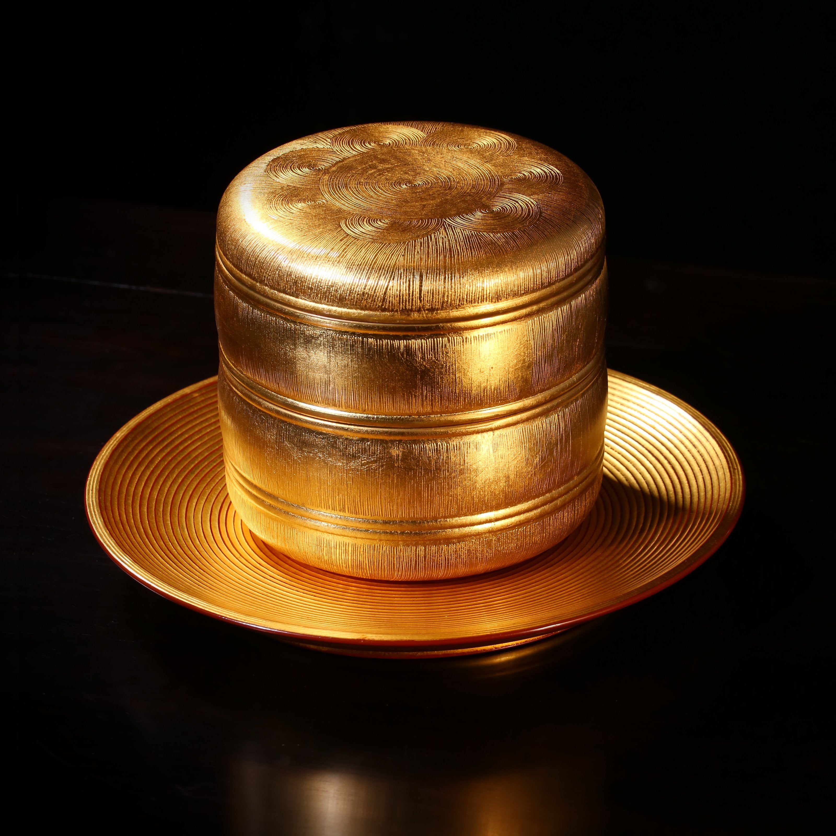 日本平安象彦朱红大漆金漆茶仓、茶盘