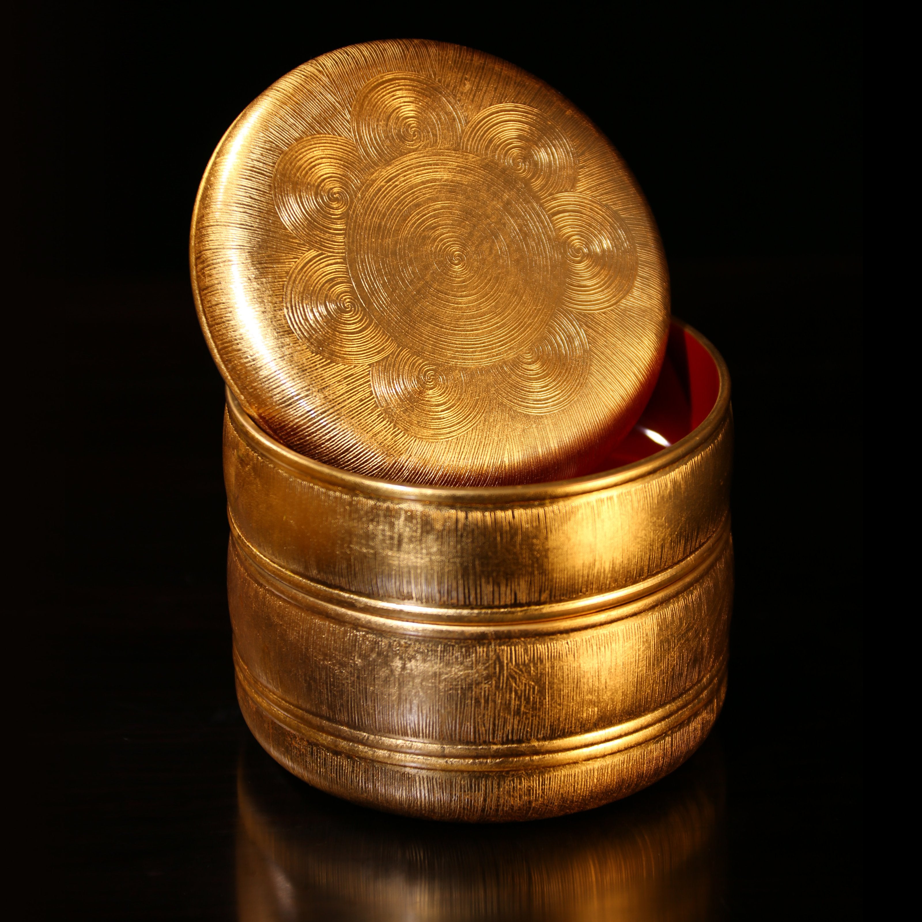 日本平安象彦朱红大漆金漆茶仓、茶盘