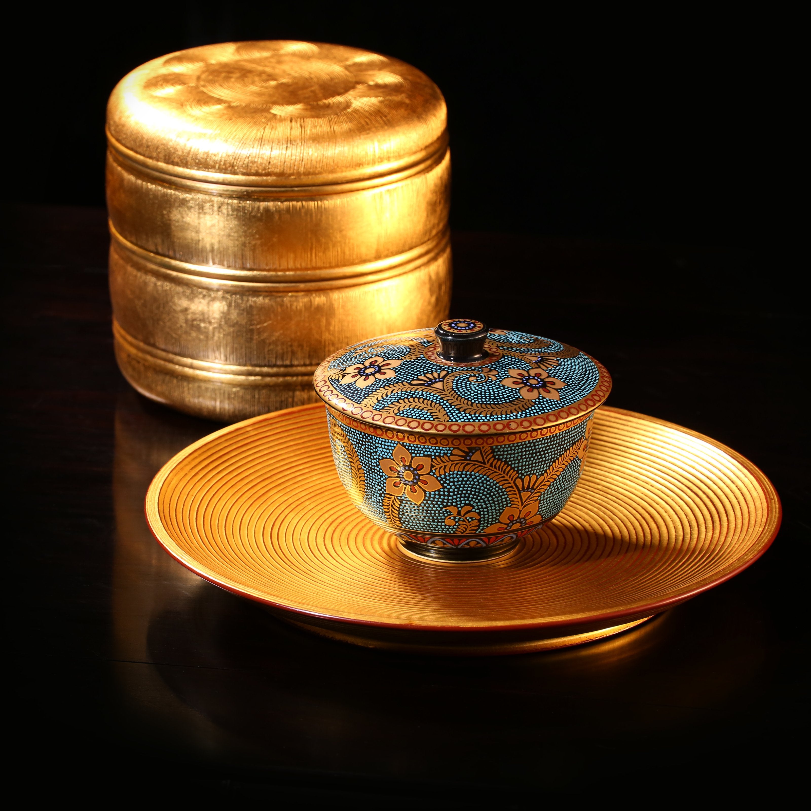 日本平安象彥朱紅大漆金漆茶倉、茶盤