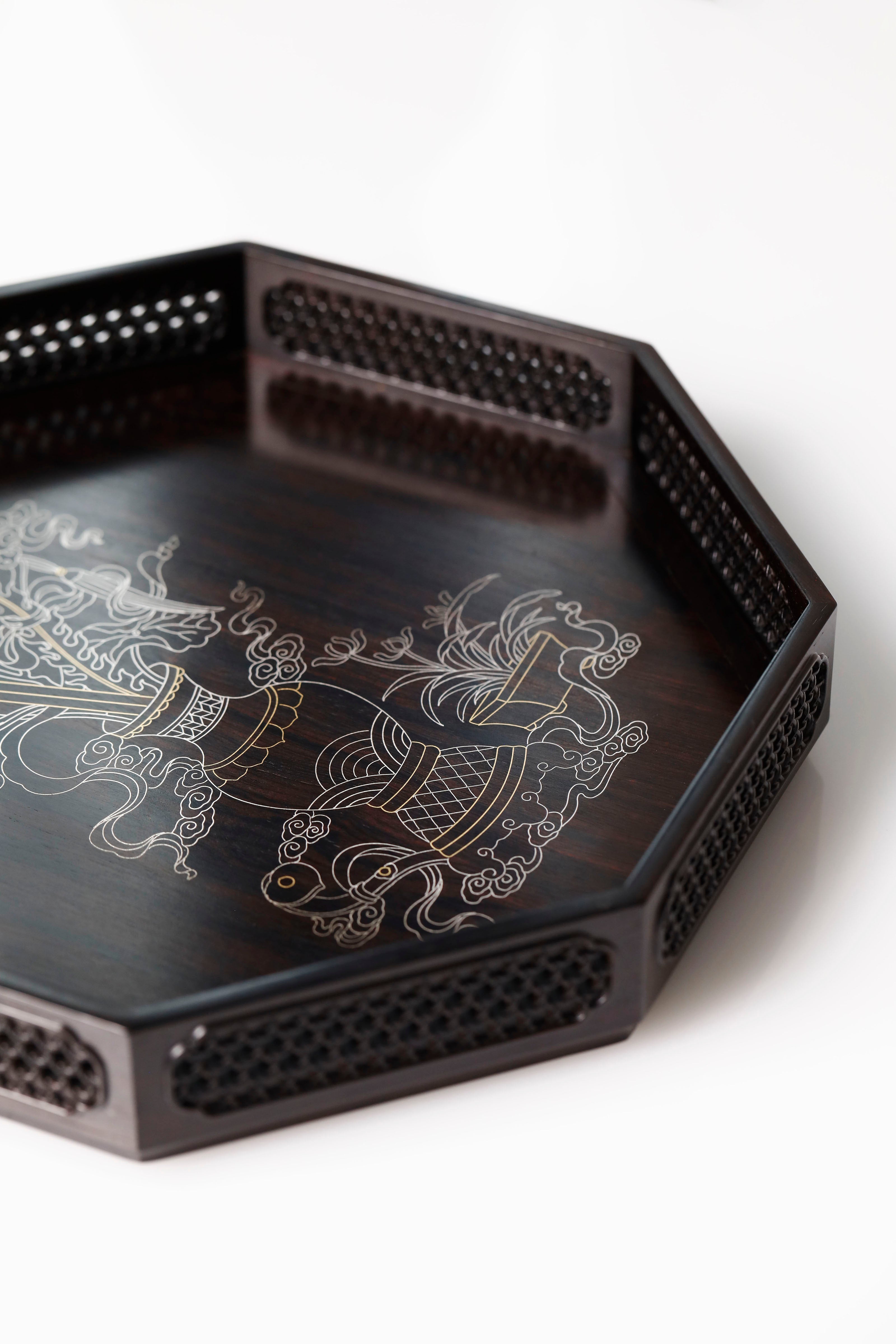 紫光檀 博古图 编织纹八角盘