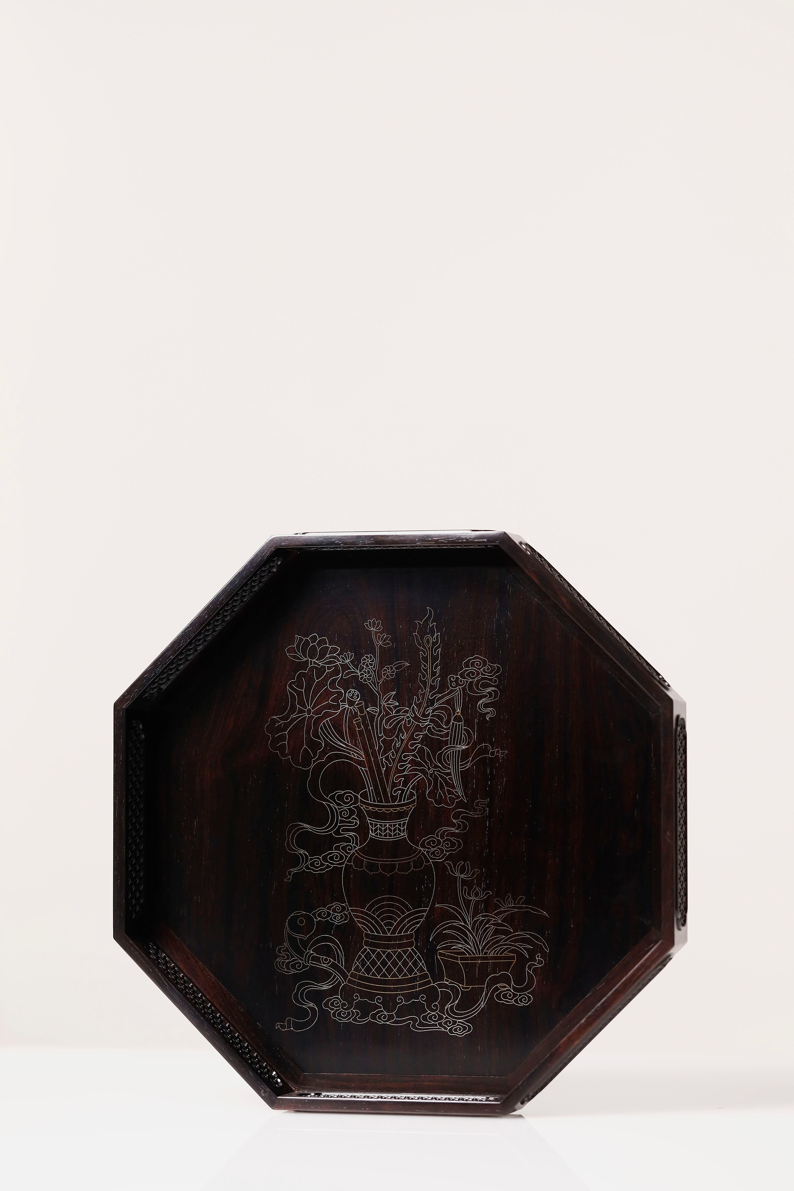 紫光檀 博古图 编织纹八角盘