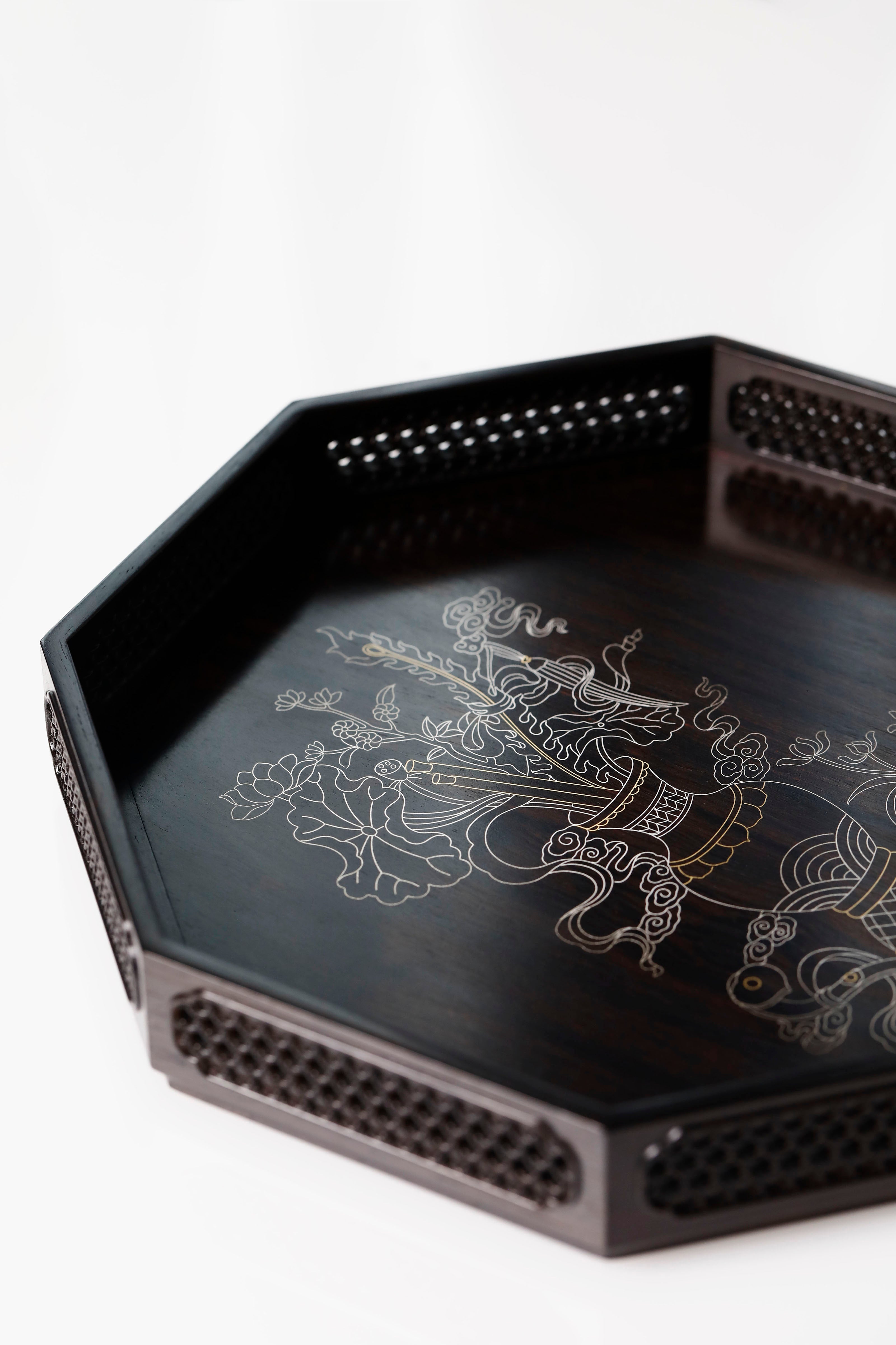 紫光檀 博古图 编织纹八角盘