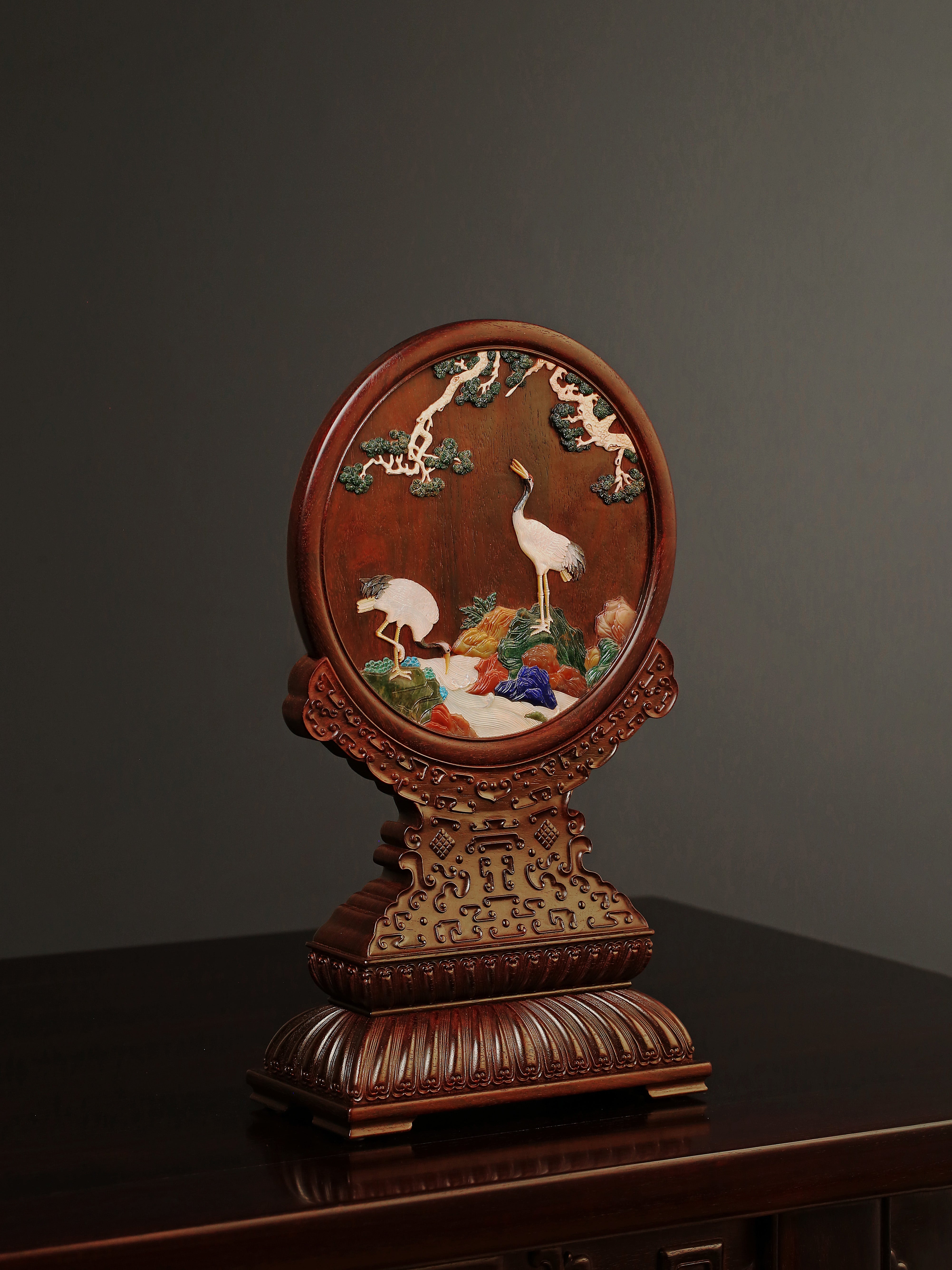 紫檀松鹤延年百宝嵌插屏