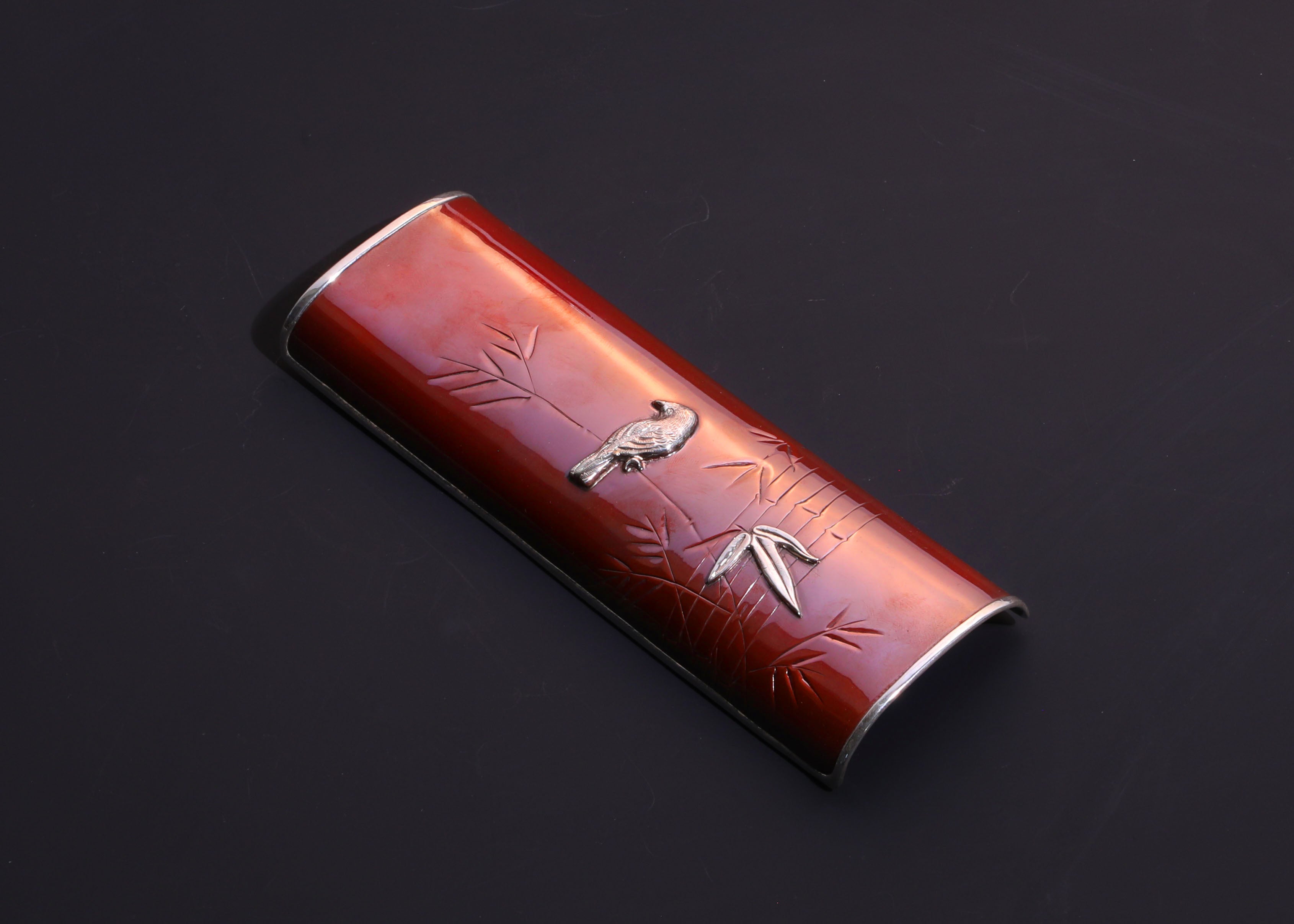 铜包银花鸟茶则