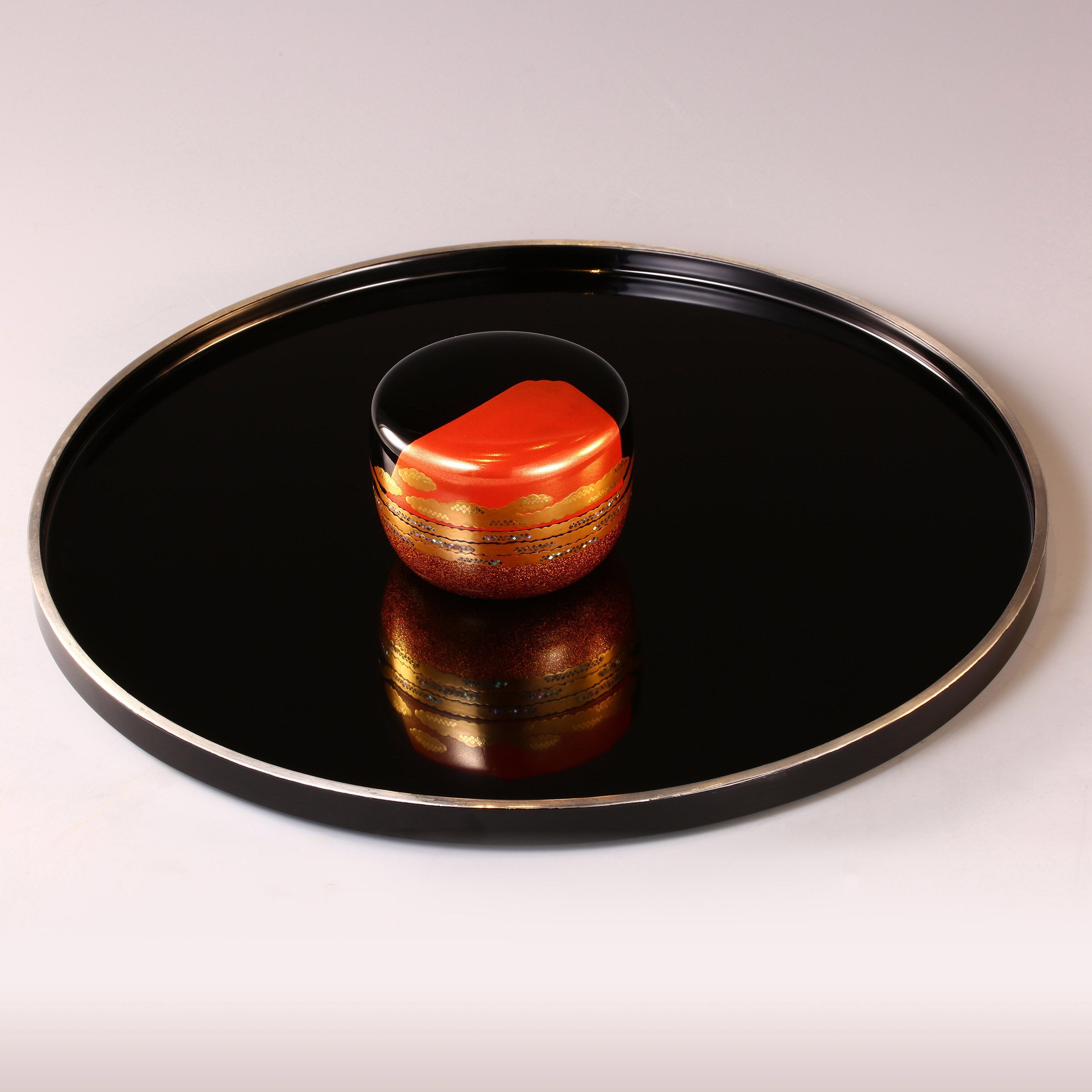 細川司光大漆金蒔繪金地茶棗大漆純銀邊茶盤