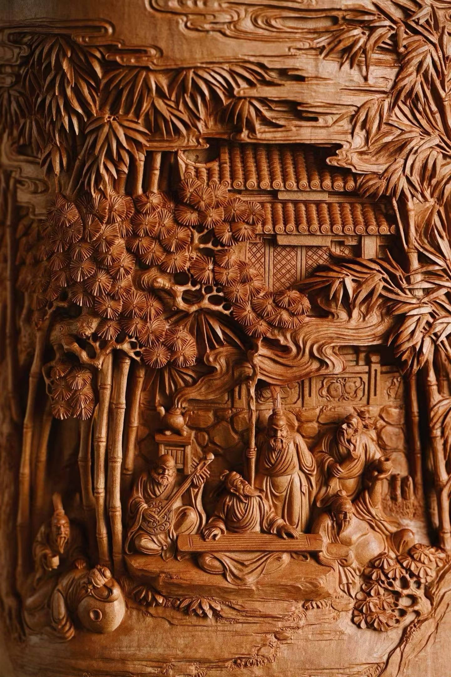 Deep‑Relief Carved Pen Holder of Seven Sages of the Bamboo Grove, Old‑Sandalwood