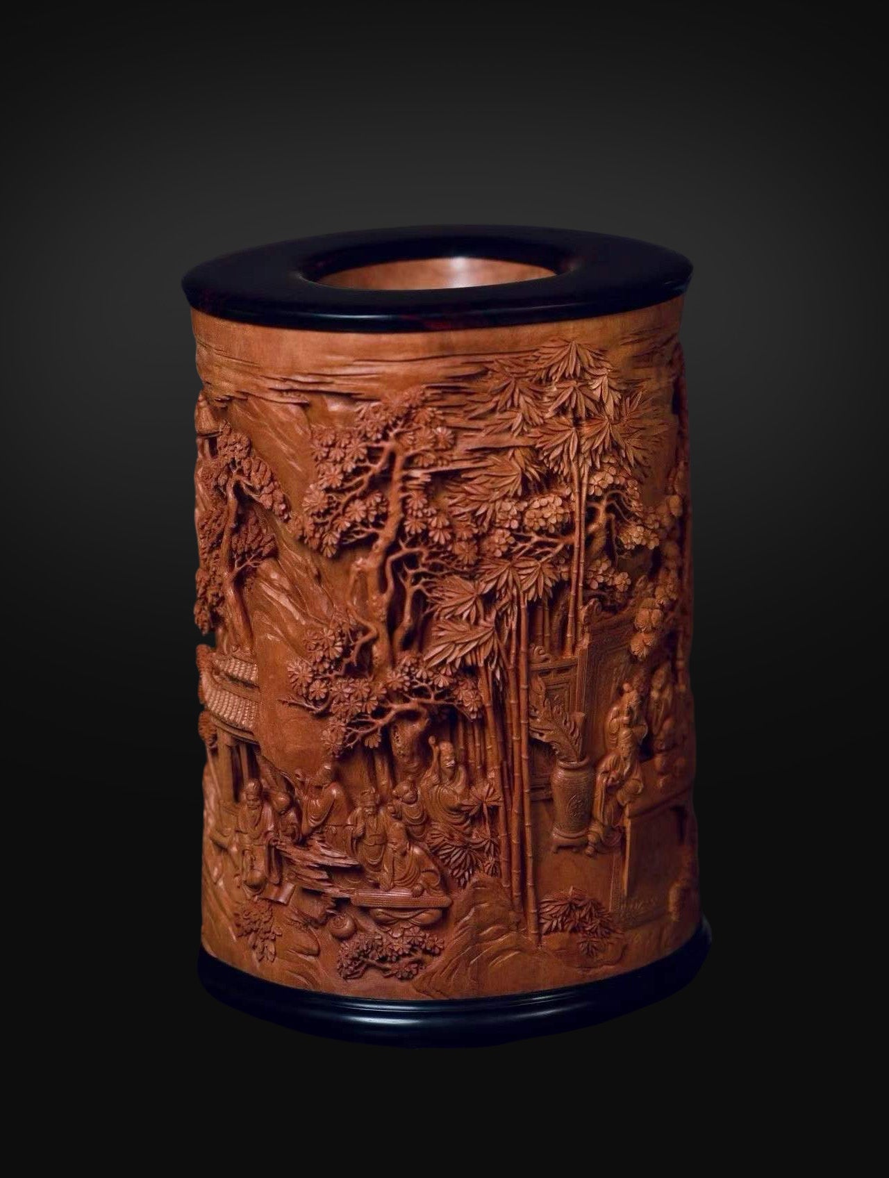 Old‑Sandalwood Brush Pot with Deep‑Relief Carvings of the Eighteen Scholars