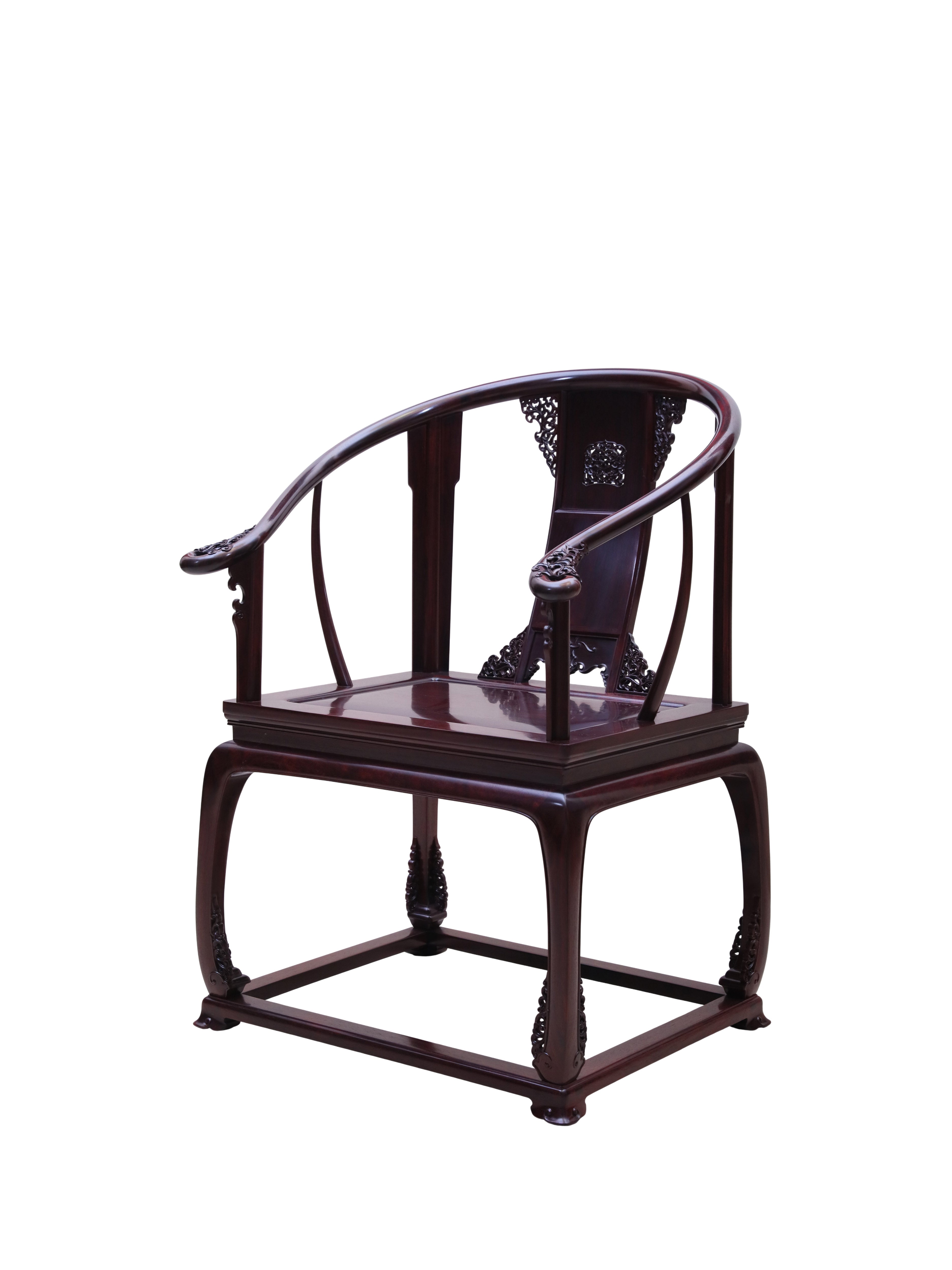 Red Sandalwood round-backed Armchairs Three-Piece,with Coiled-leaf pattern Waist-Cinched Design and Base Frame