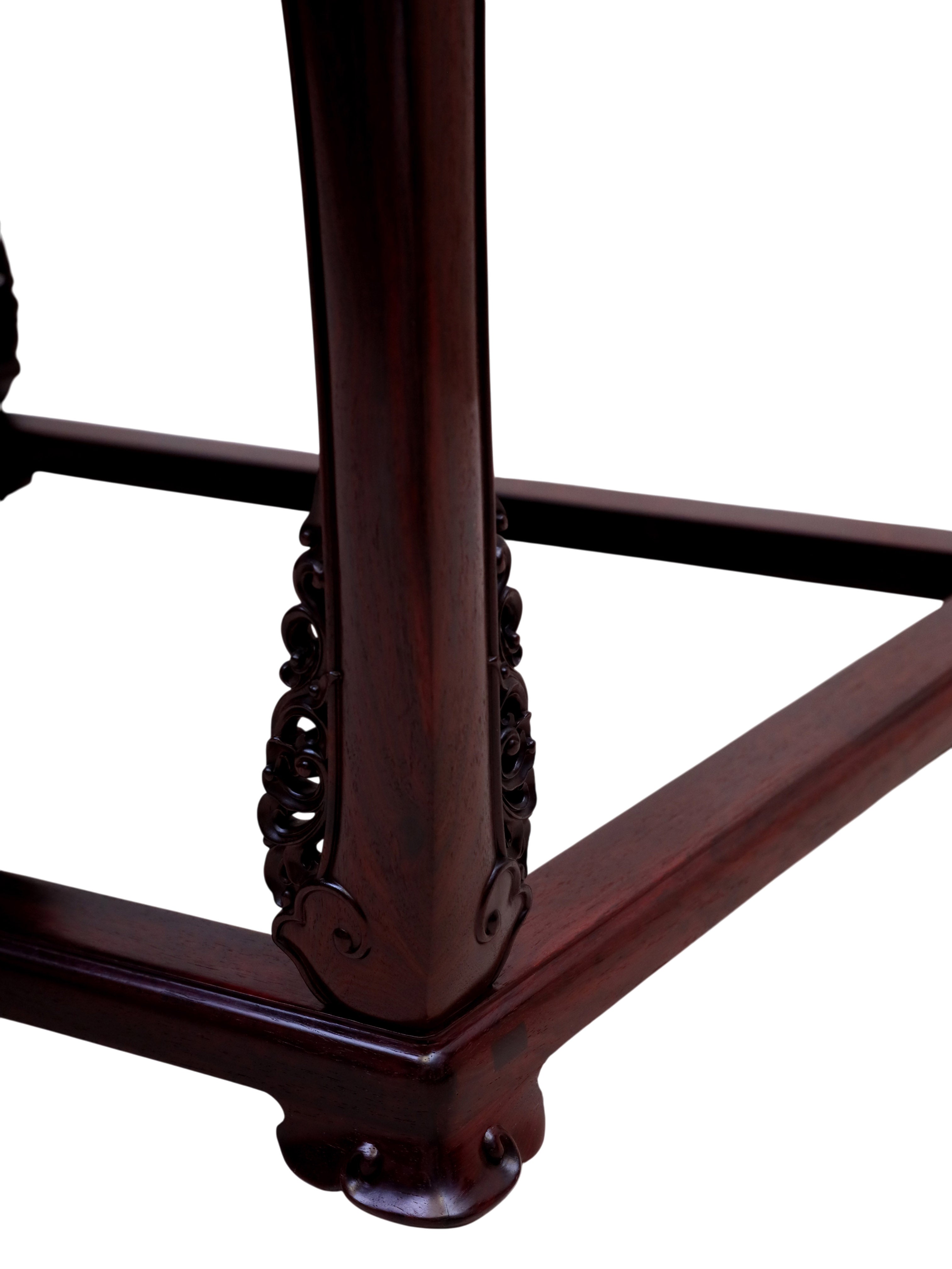 Red Sandalwood round-backed Armchairs Three-Piece,with Coiled-leaf pattern Waist-Cinched Design and Base Frame